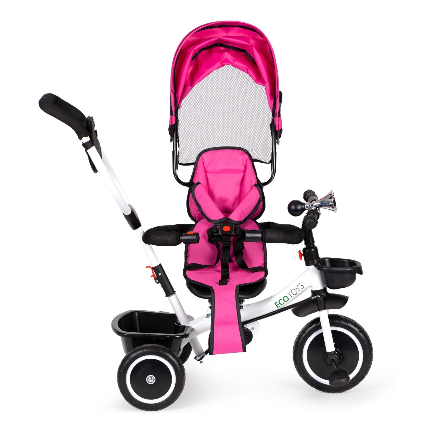 Un triciclo Eco Toys rosa y blanco con capota, asiento y cesta. Tiene tres ruedas y un manillar de empuje.