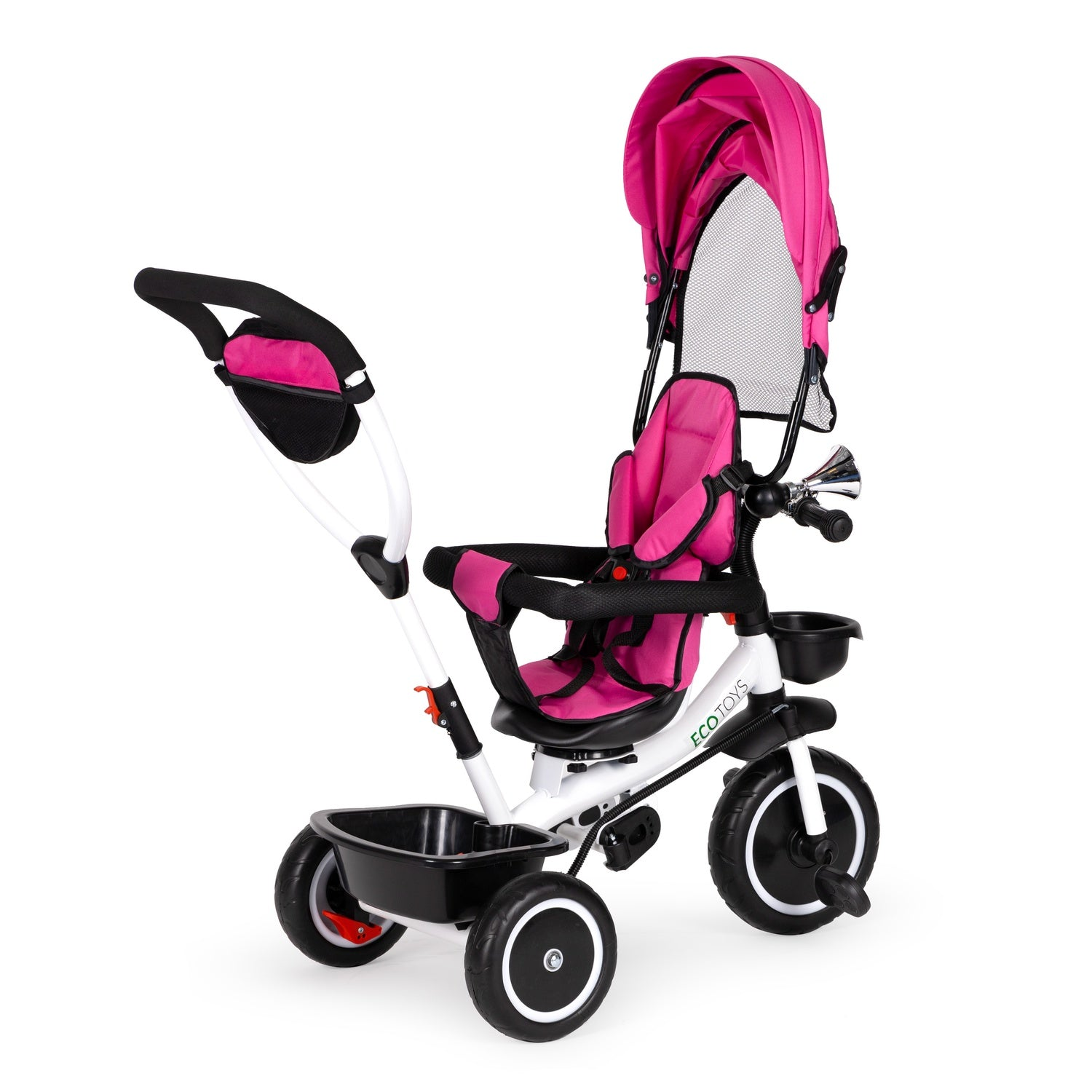 Un triciclo rosa y blanco con capota. Incluye asiento, manillar, cesta y tres ruedas, sobre un fondo blanco.