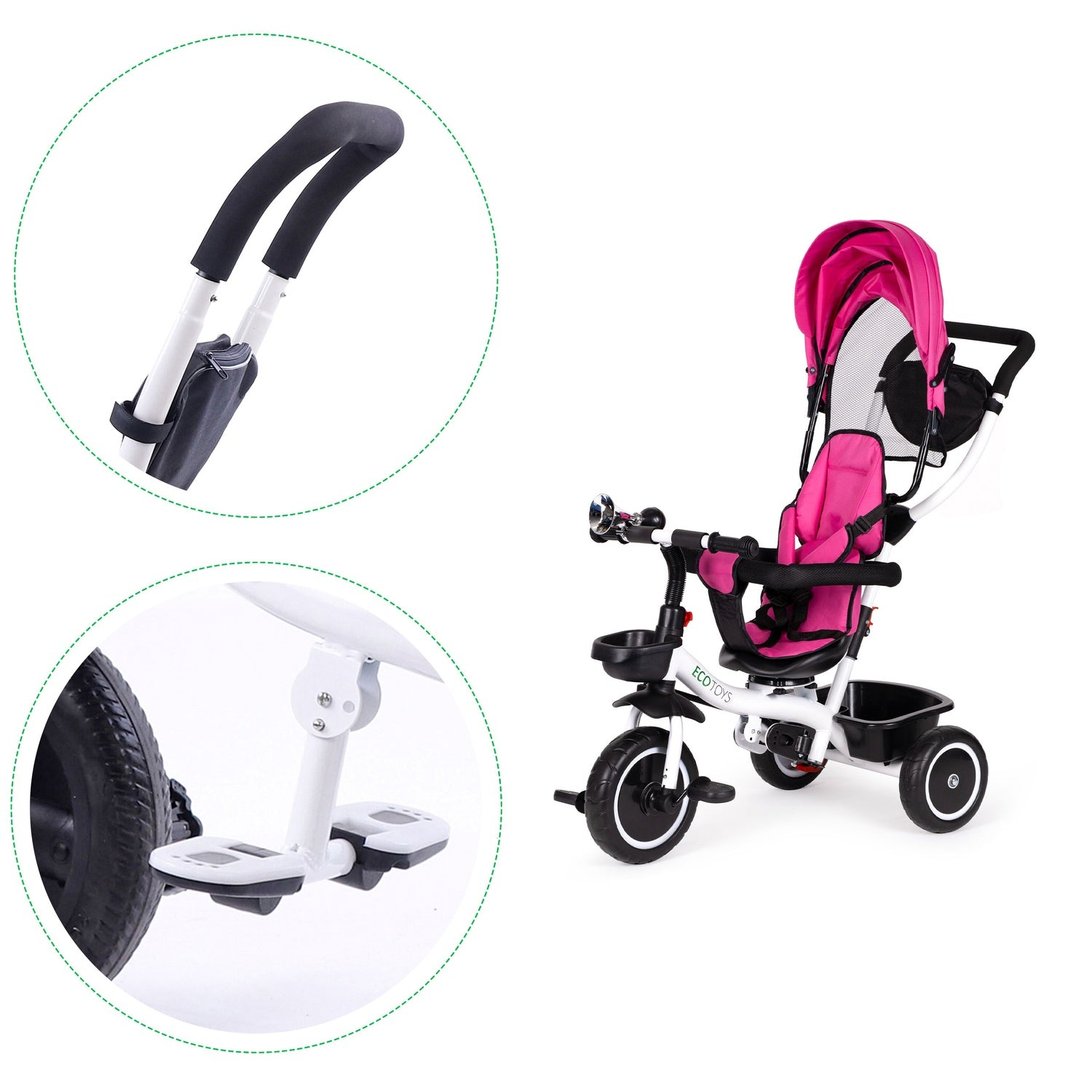 Un triciclo ECOTOYS rosa y blanco con capota, cesta y reposapiés, sobre un fondo blanco.
