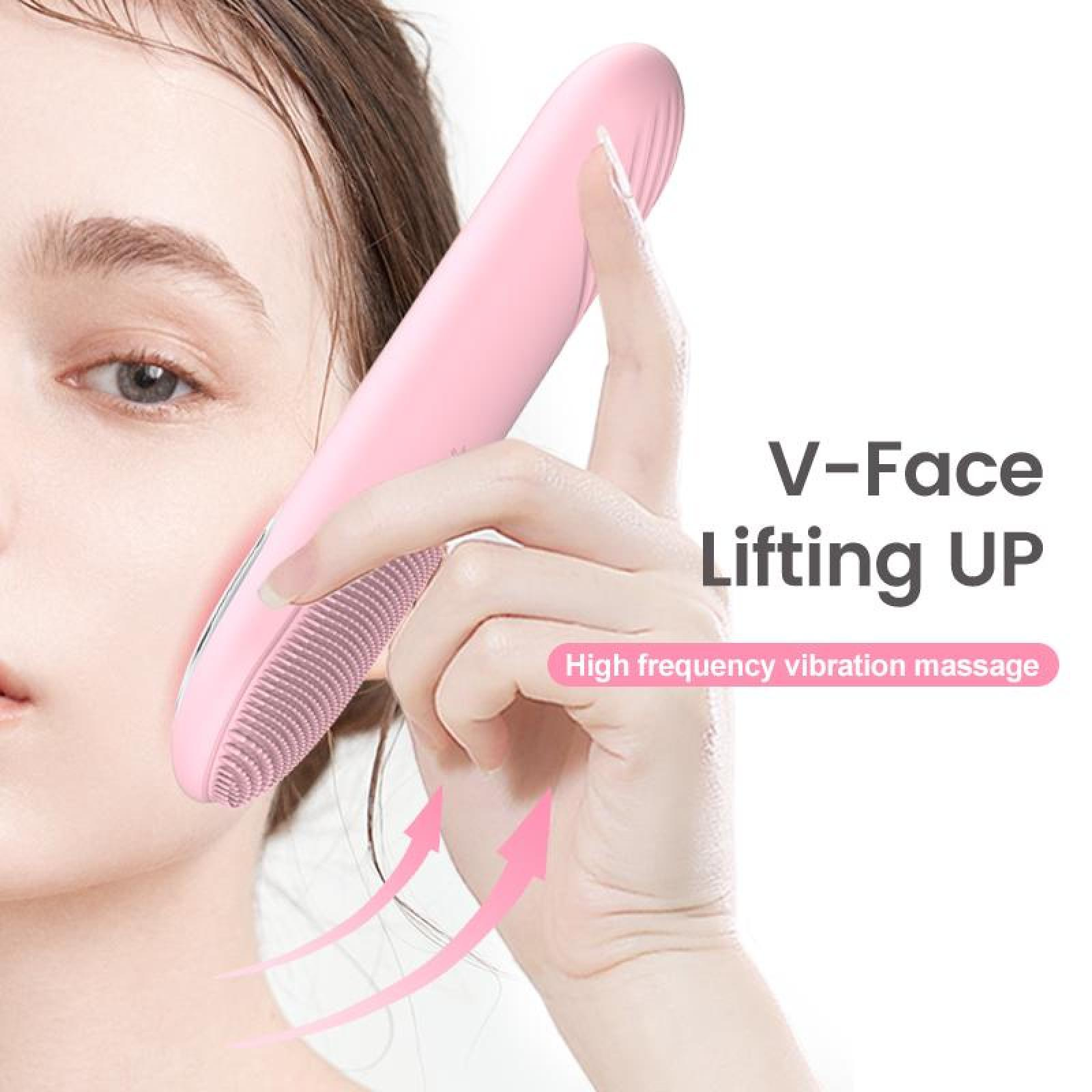 Das Gesicht einer Frau mit einem rosa Gesichtsmassagegerät. Text: V-Face Lifting UP, hochfrequente Vibrationsmassage.