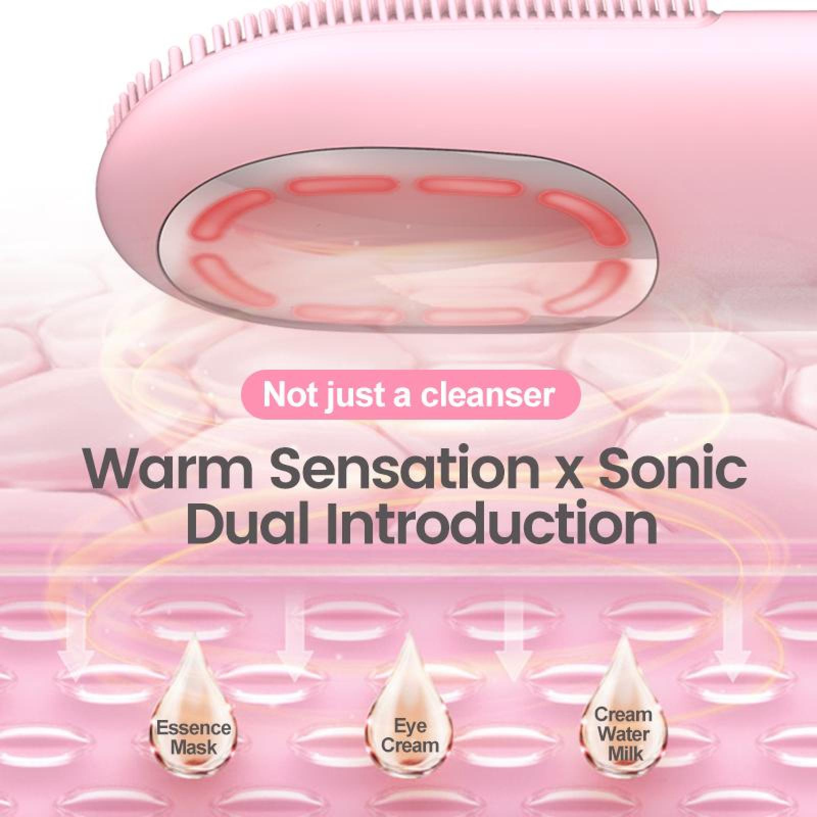 Rosa Gesichtsreiniger mit roten Akzenten. Text: 'Warm Sensation x Sonic Dual Introduction'. Tropfen von Essenz, Creme und Milch.
