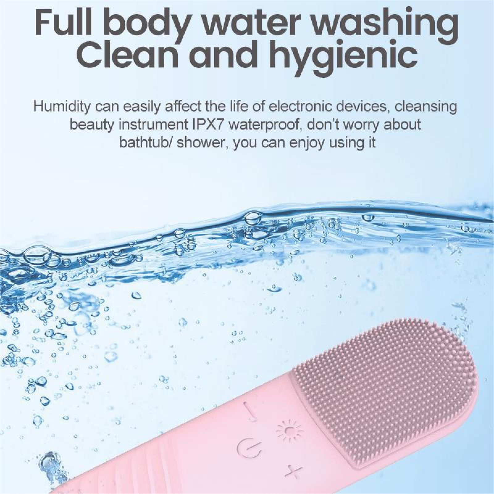 Rosa Gesichtsreinigungsbürste im Wasser. Text: Ganzkörper-Wasserwäsche, sauber und hygienisch.