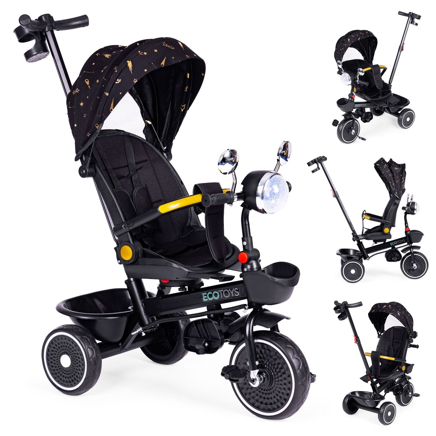 Triciclo ECOTOYS negro y amarillo con capota. Incluye cesta, luces y capota estampada. Se muestran varias vistas.