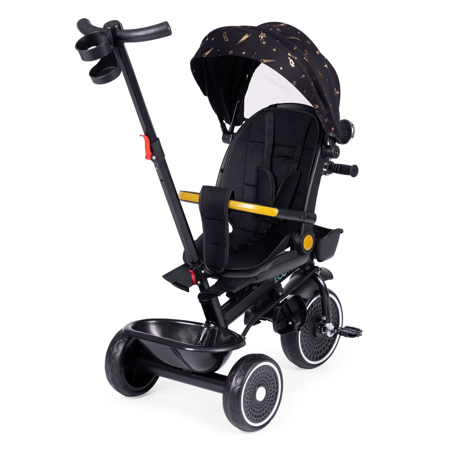 Triciclo para bebé negro y dorado con estampado de estrellas, capota, manija para padres y cesta de almacenamiento. Ruedas con detalles blancos.