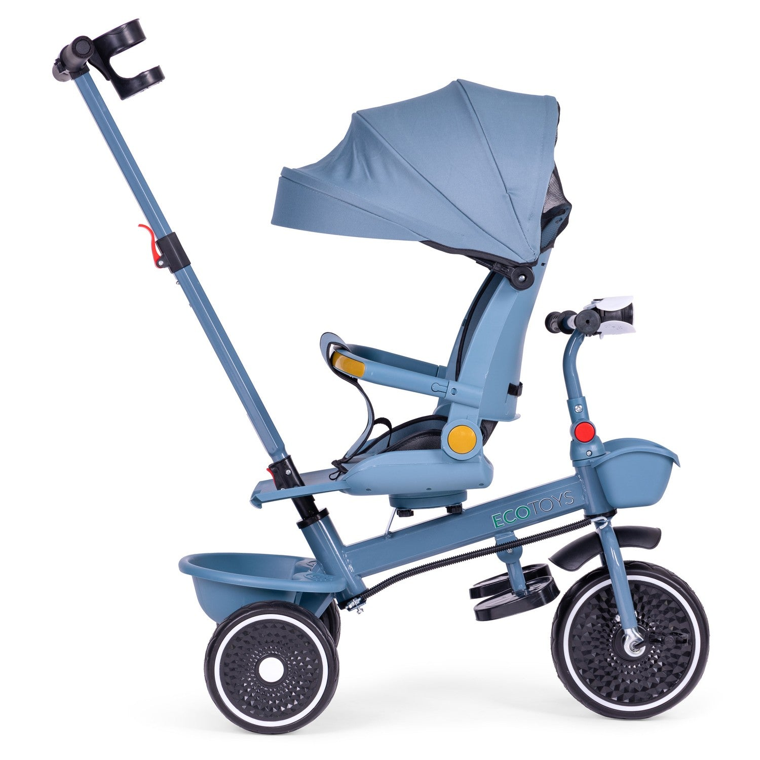 Un triciclo azul con capota, asiento y manija parental. Tiene tres ruedas, una cesta y reposapiés, perfecto para un niño pequeño.