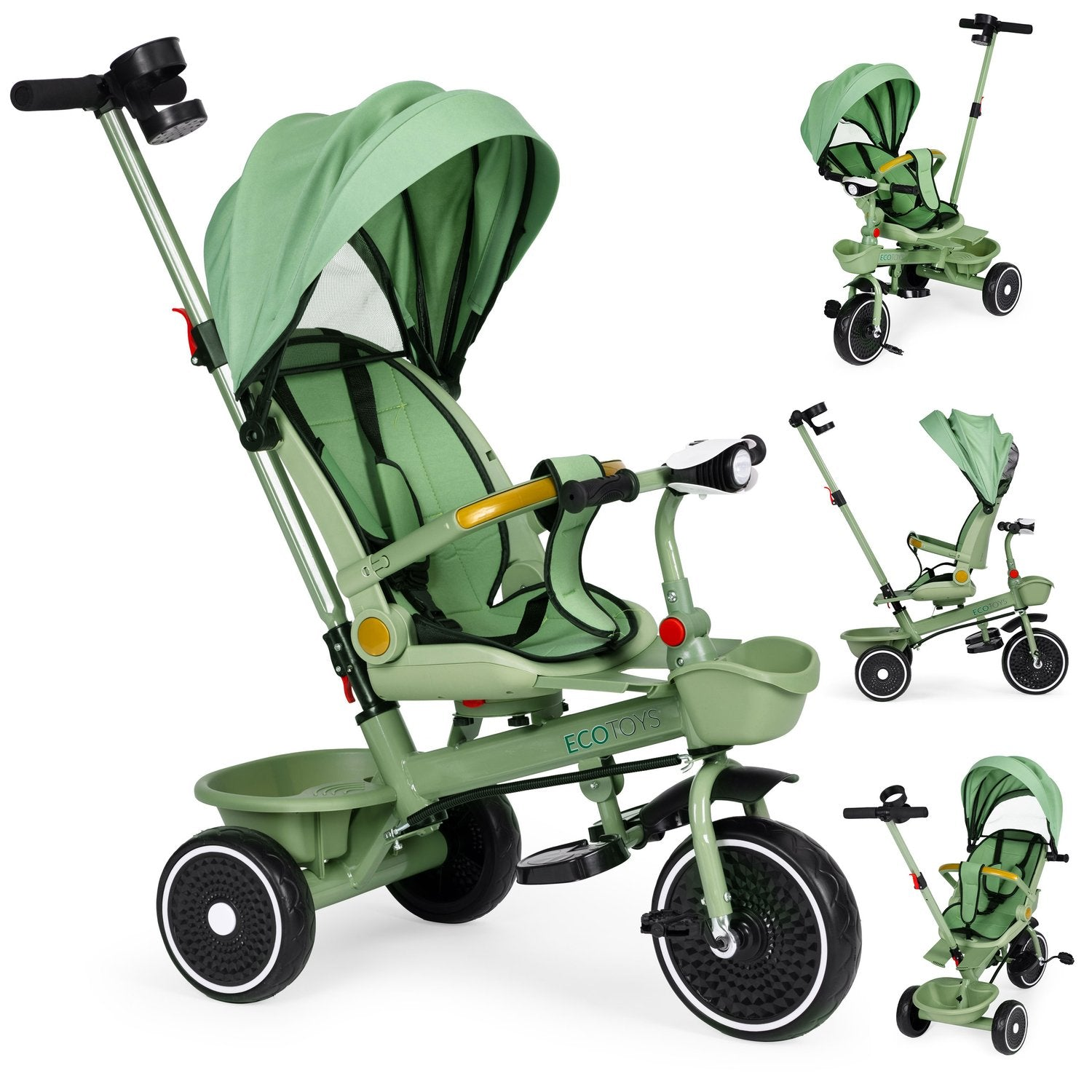 Un triciclo ECOTOYS verde con parasol. Incluye manija para padres, arnés de seguridad y cesta. Se muestran múltiples vistas.