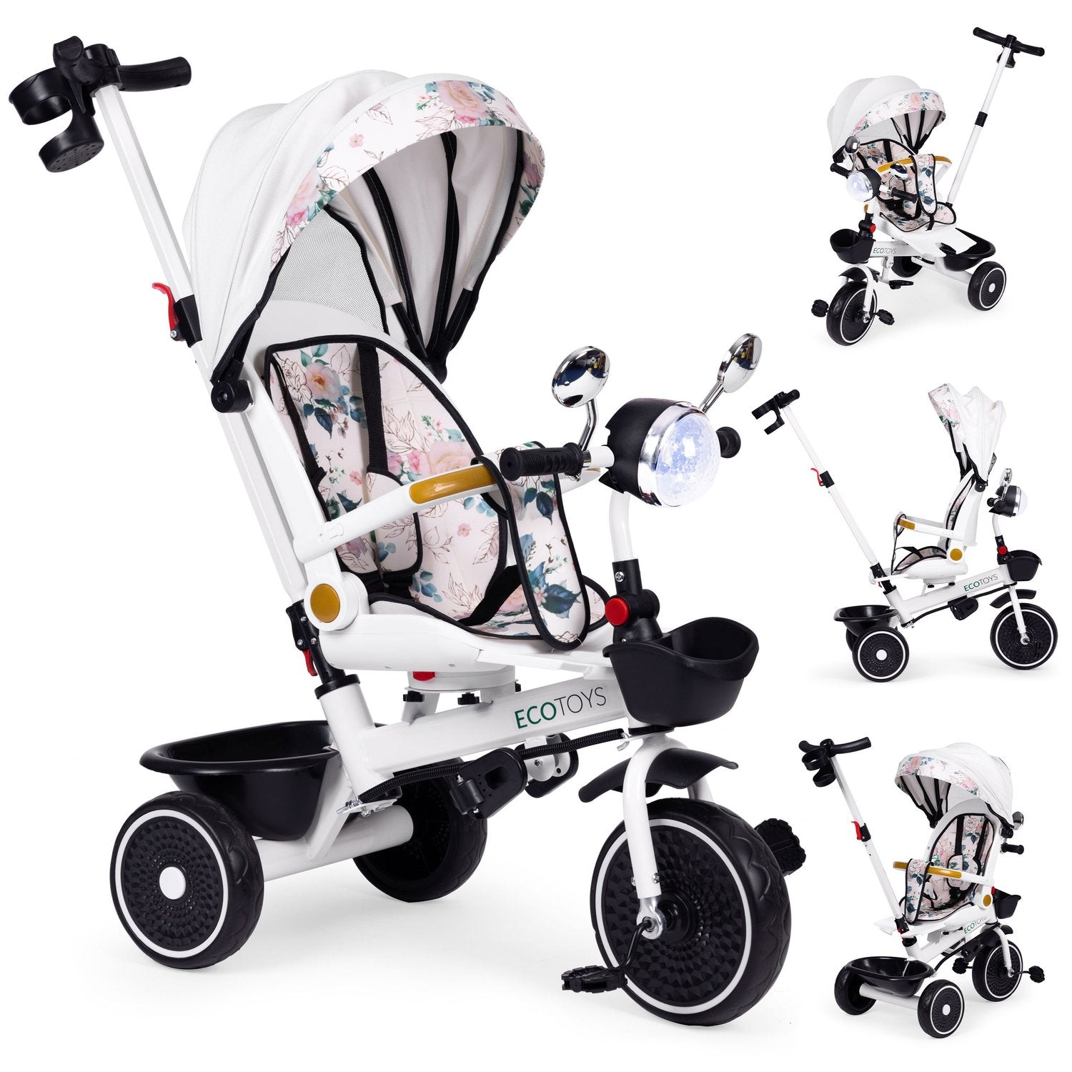 Triciclo ECOTOYS blanco con capota y asiento con estampado floral. Incluye asa parental, cesta y diferentes vistas.