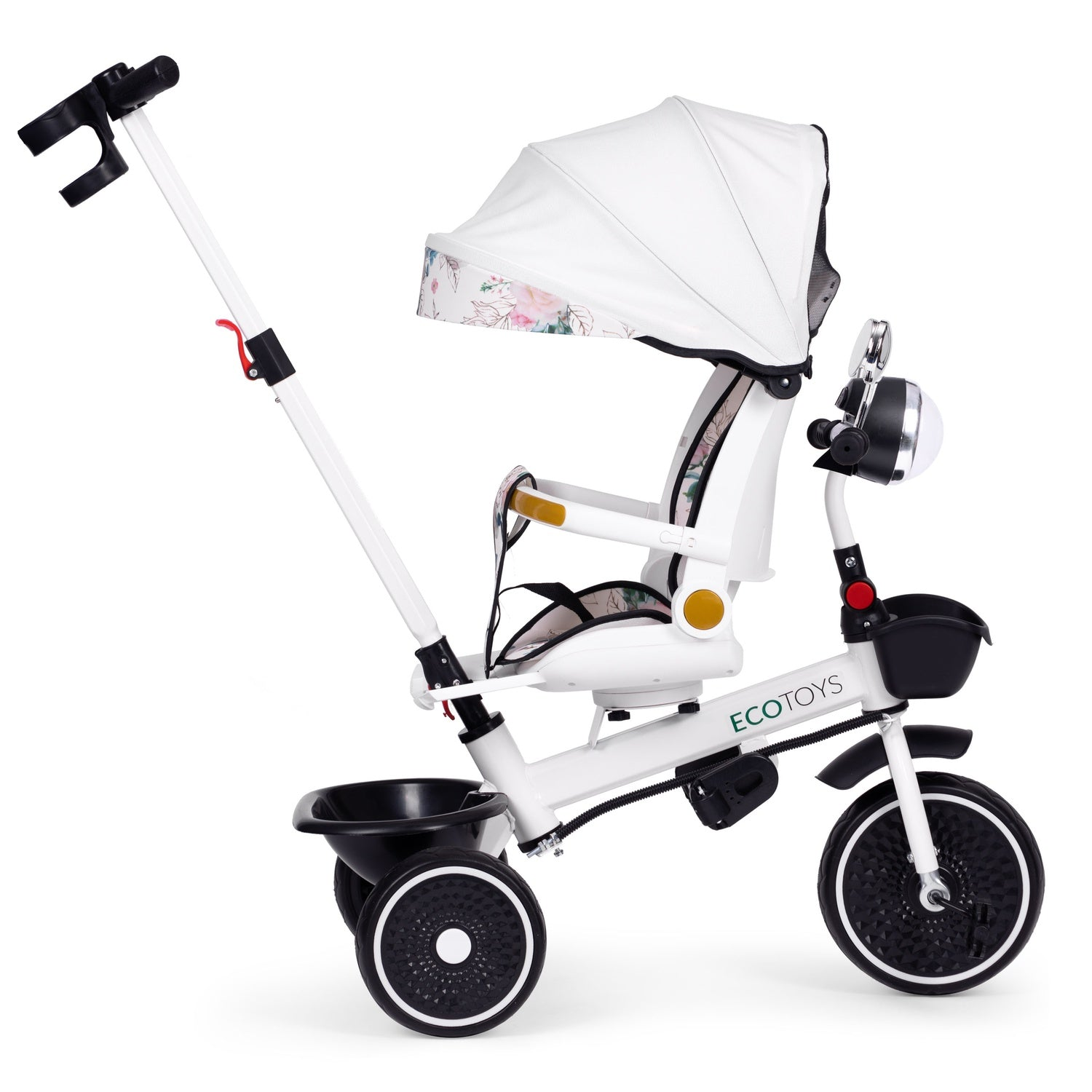 Triciclo para bebé blanco y negro con capota, detalles florales en el asiento y la capota. Cuenta con manillar para padres y cesta de almacenamiento.