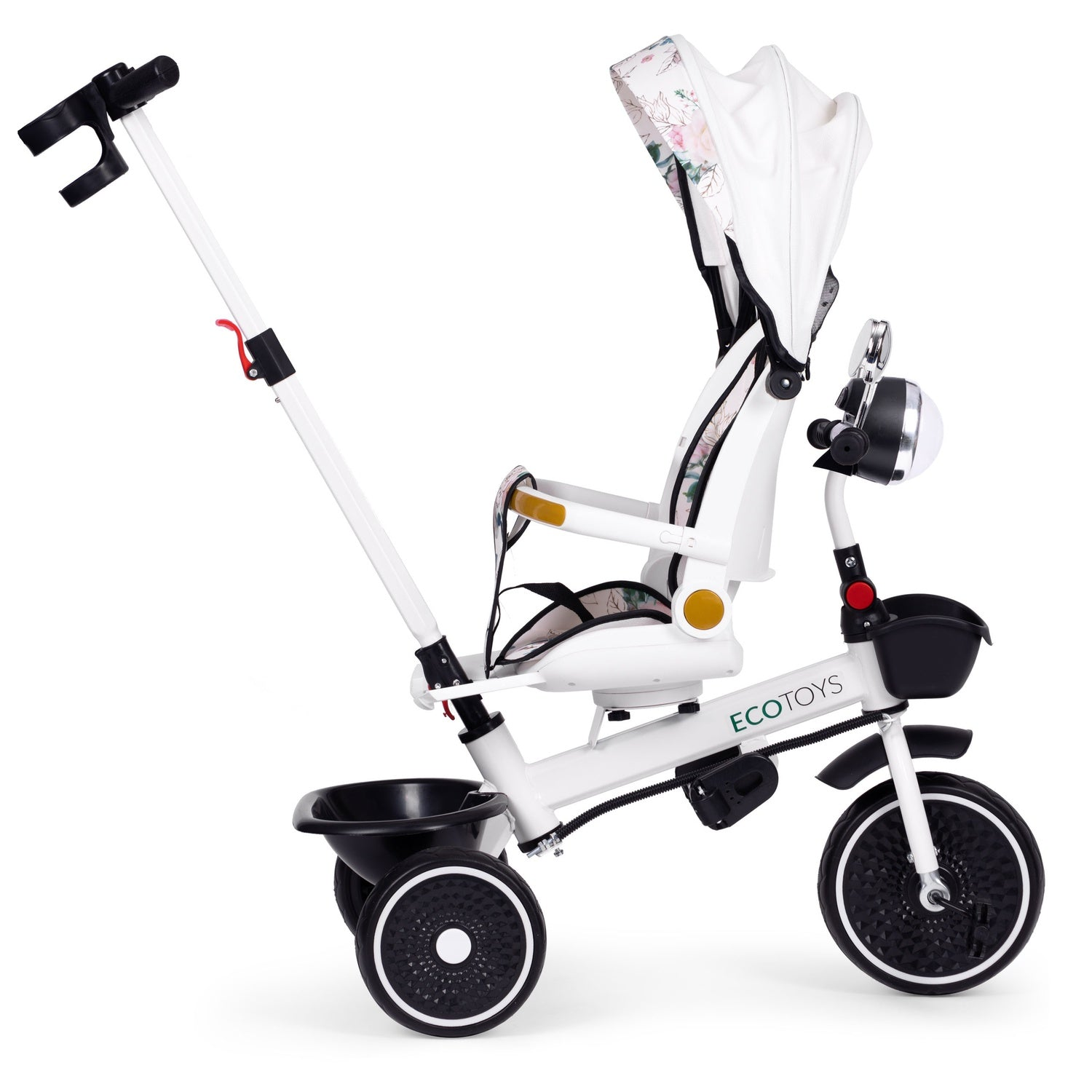 Triciclo ECOTOYS blanco y negro con capota y asiento con estampado floral. Cuenta con manillar para padres, cesta y tres ruedas.