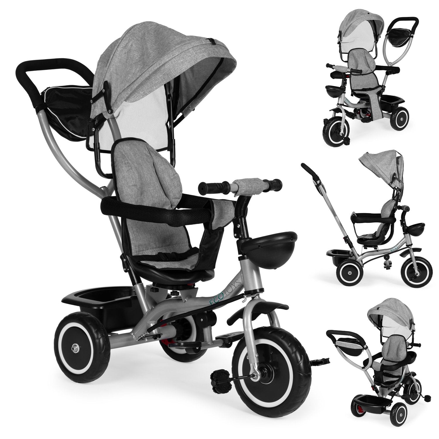 Un triciclo gris y negro con capota. Tiene tres ruedas, asiento, manillar y cesta. Se muestran múltiples vistas.
