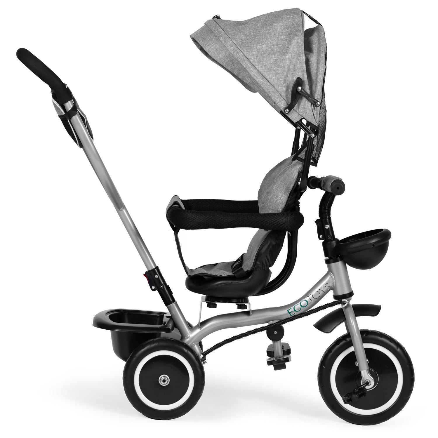 Un triciclo ECO TOYS gris y negro con sombrilla. Tiene un mango, asiento, cesta de almacenamiento y tres ruedas sobre fondo blanco.