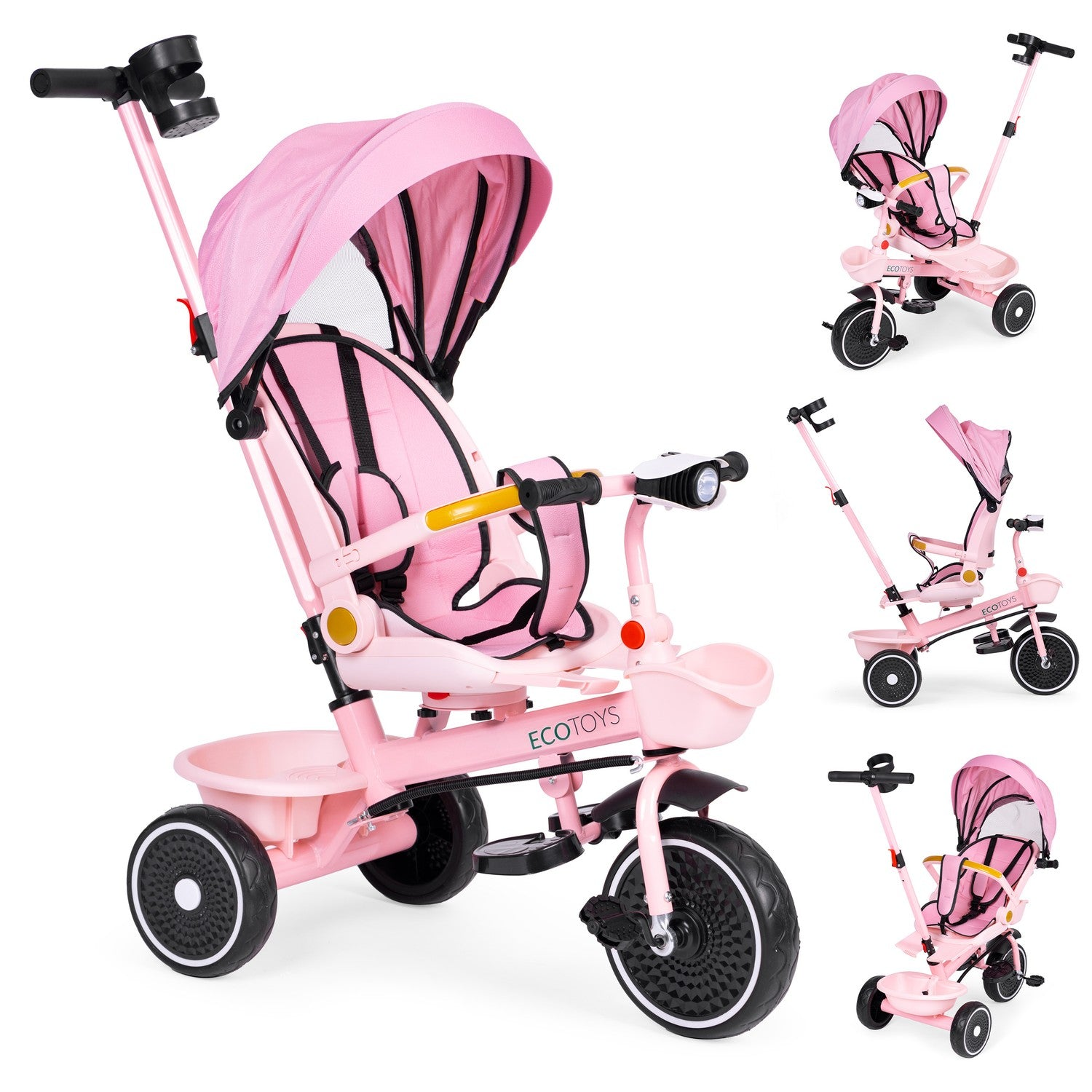 Un triciclo ECOTOYS rosa con capota, manillar y cesta. Múltiples vistas muestran el triciclo desde varios ángulos.