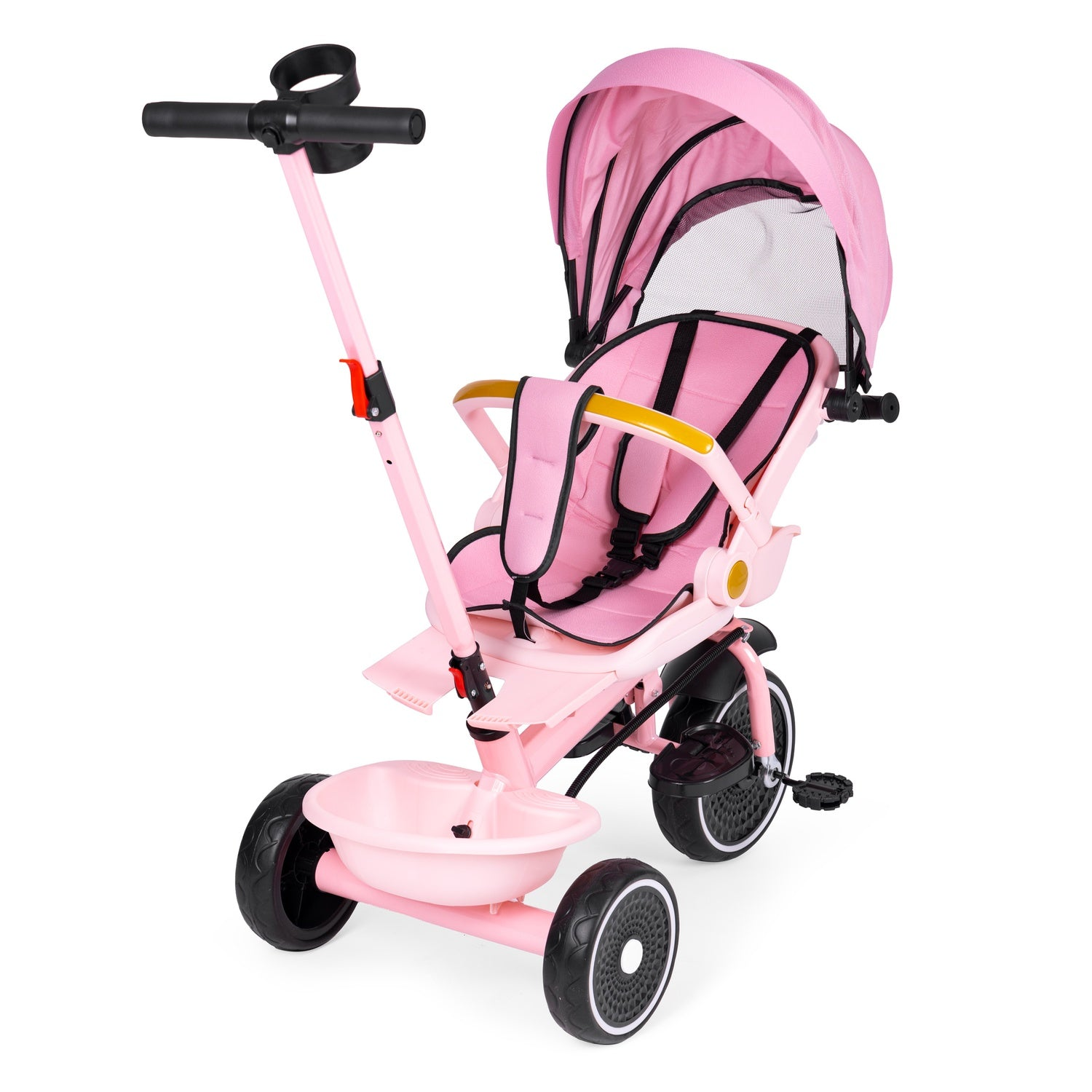 Un triciclo rosa con capota. Tiene ruedas negras, una cesta de almacenamiento y un manillar. El asiento tiene correas de seguridad.