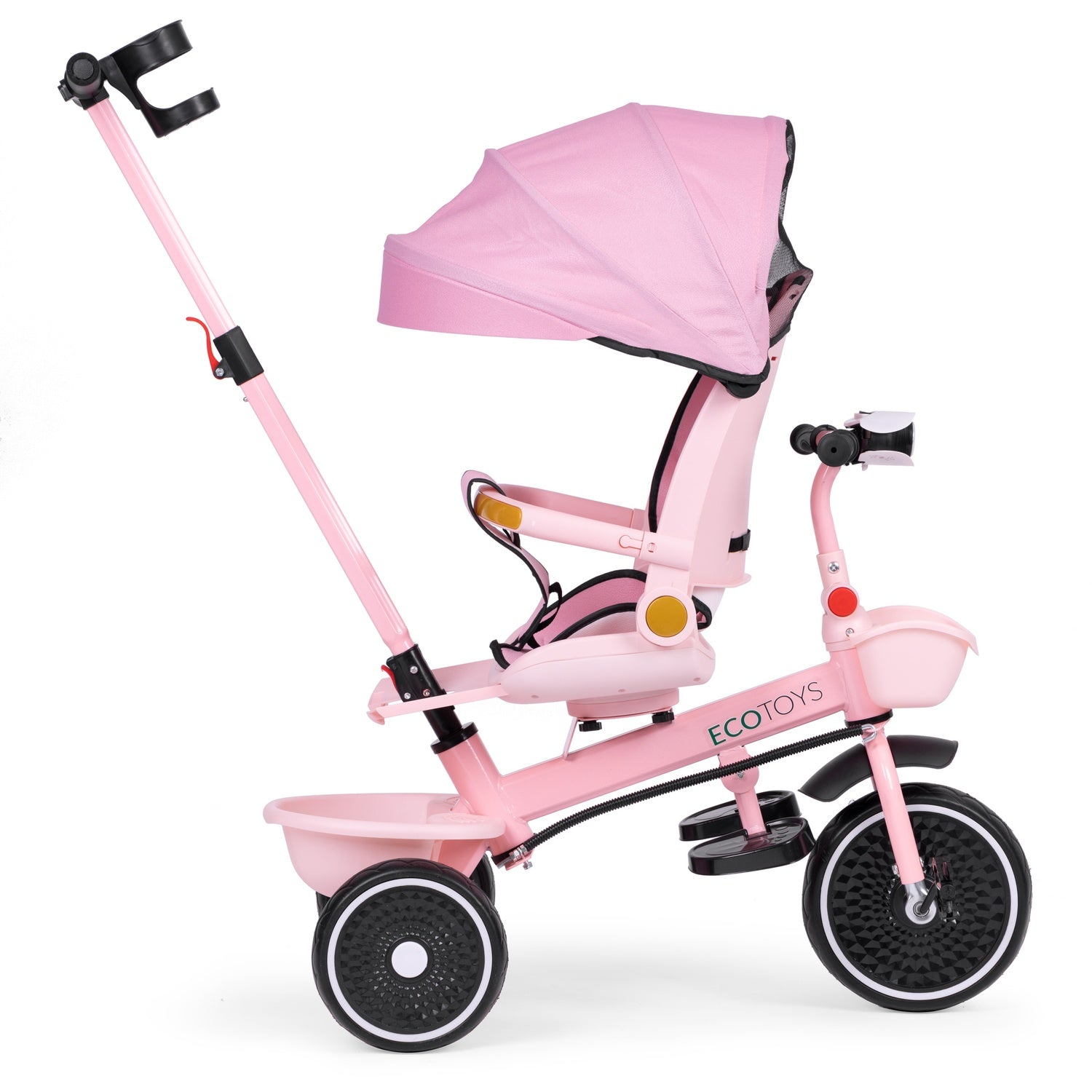 Triciclo rosa con capota, cesta y asa para padres. Tiene tres ruedas, asiento y reposapiés. El fondo es blanco.