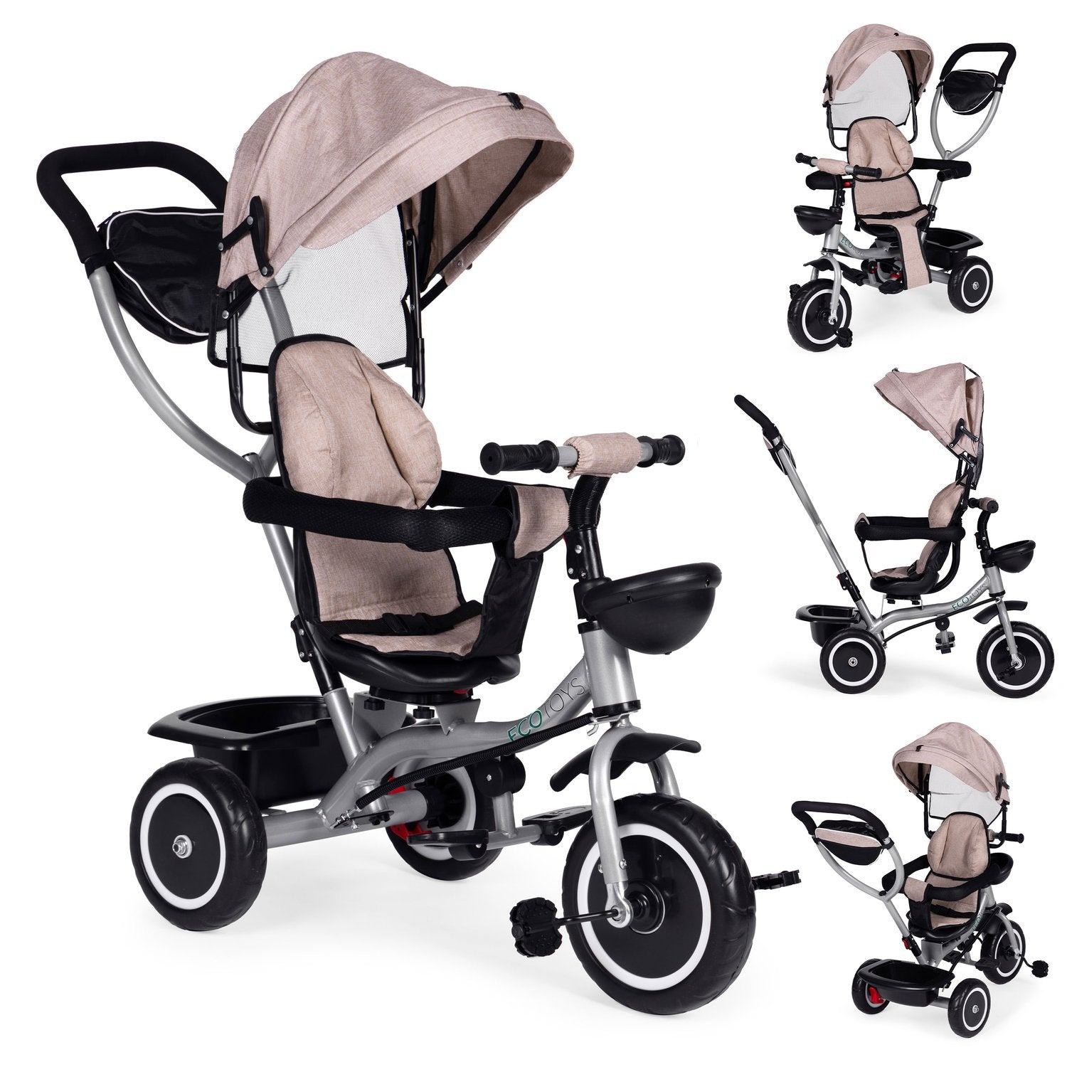 Triciclo infantil beige y gris con parasol y cesta, mostrado desde múltiples ángulos sobre un fondo blanco.