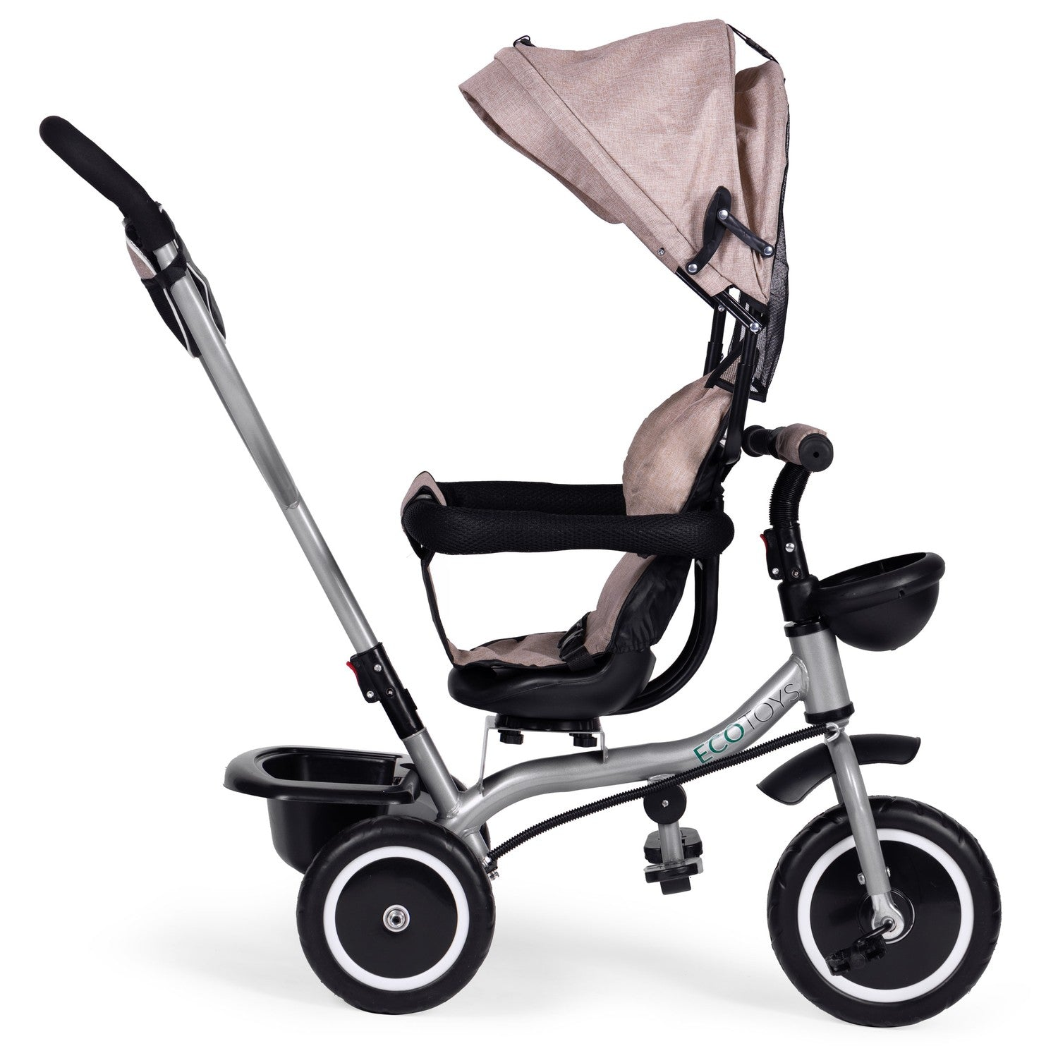 Un triciclo gris y negro con capota beige. Tiene tres ruedas, asiento, manillar y cesta. La marca es ECO TOYS.