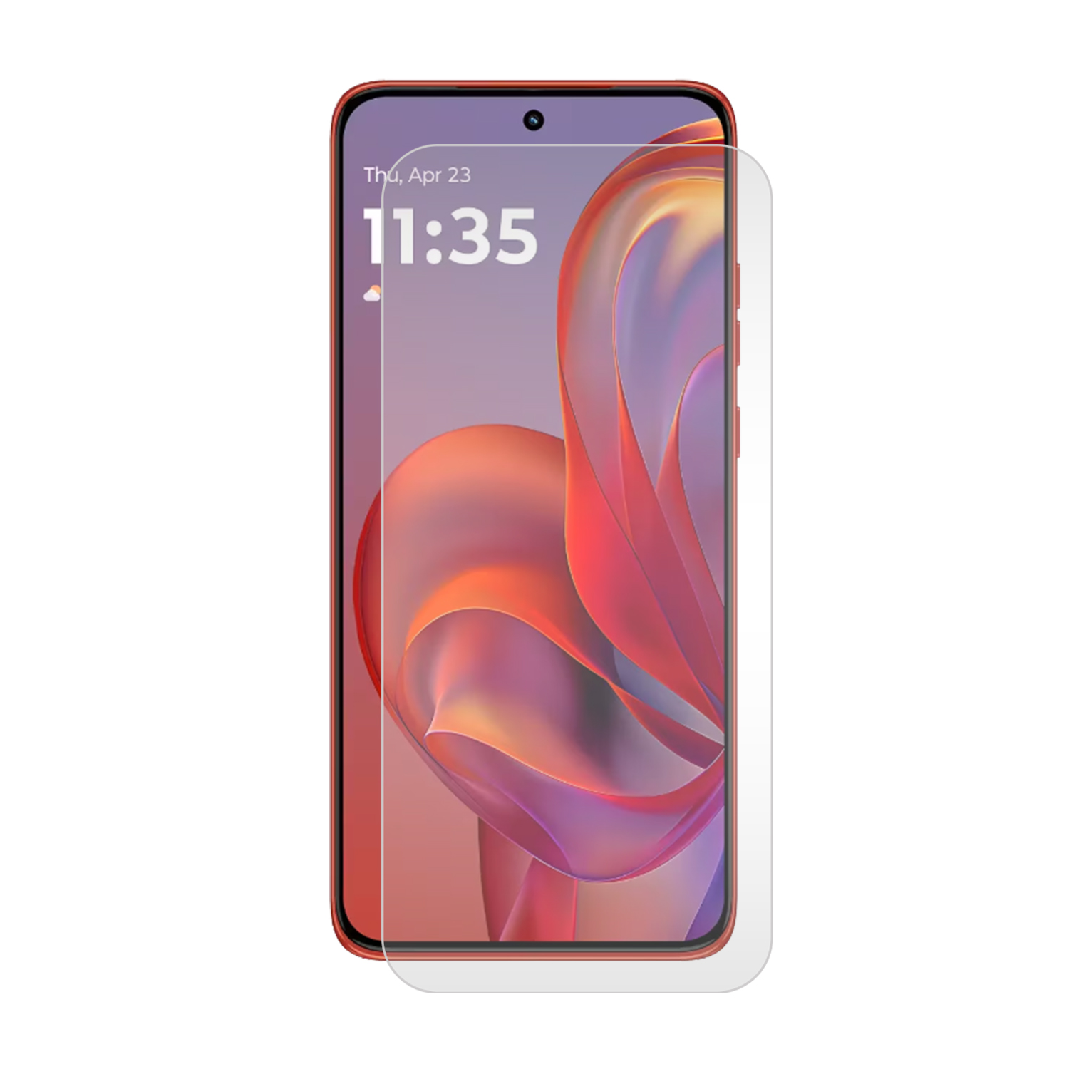 Smartphone rouge avec protecteur d'écran. L'écran affiche l'heure et un fond d'écran abstrait. Fond blanc.