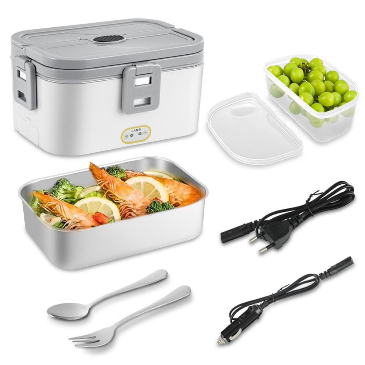 Eine weiß-graue Lunchbox mit einem Tablett mit Essen, Trauben und zwei Netzkabeln. Ein Löffel und eine Gabel sind ebenfalls vorhanden.