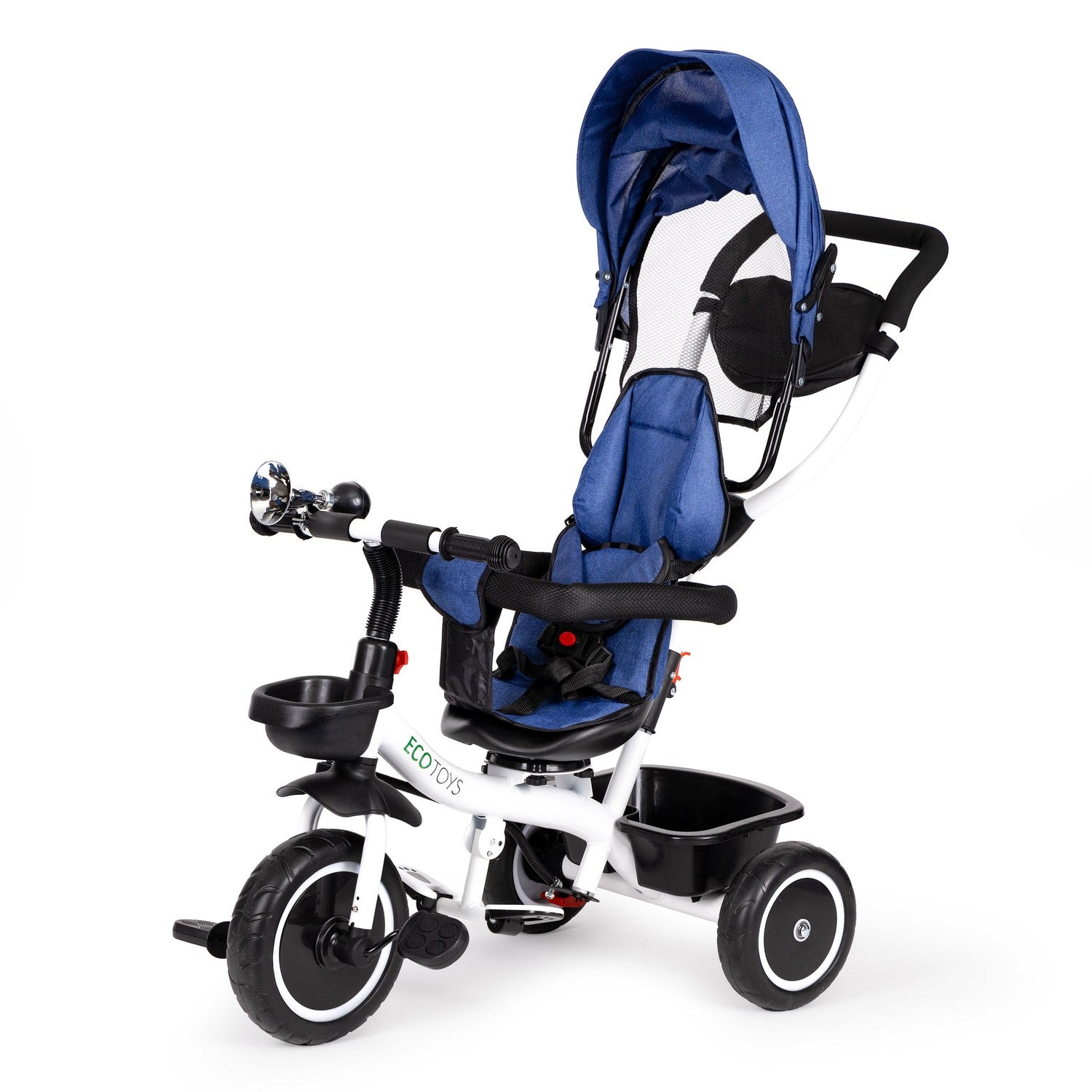 Un triciclo ECOTOYS blanco y azul con capota, asiento y cesta. Tiene ruedas negras y una bocina plateada.