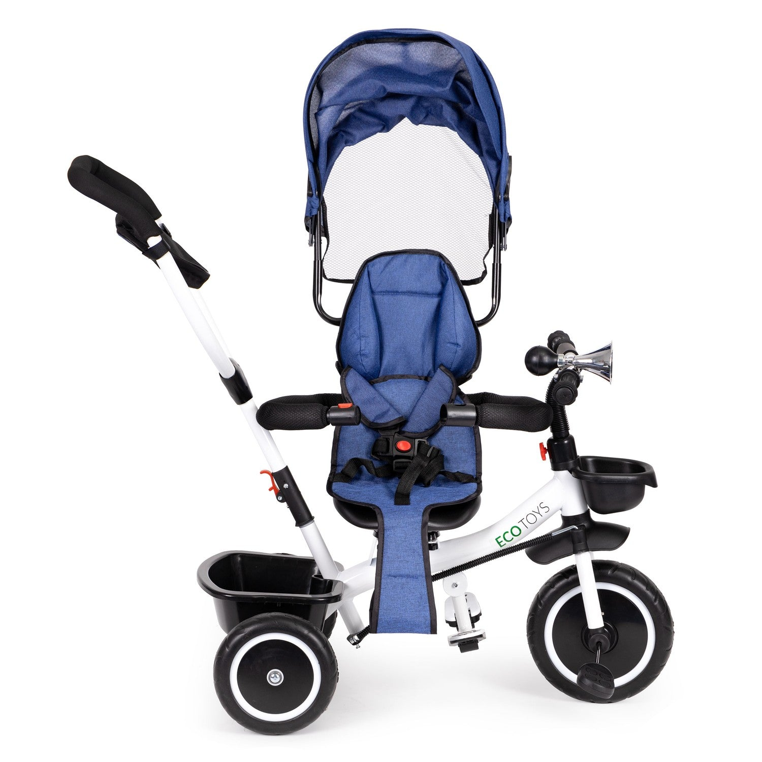 Un triciclo ECO TOYS azul y blanco, con parasol, asiento y cesta. Tiene ruedas negras y un marco blanco. Sobre fondo blanco.