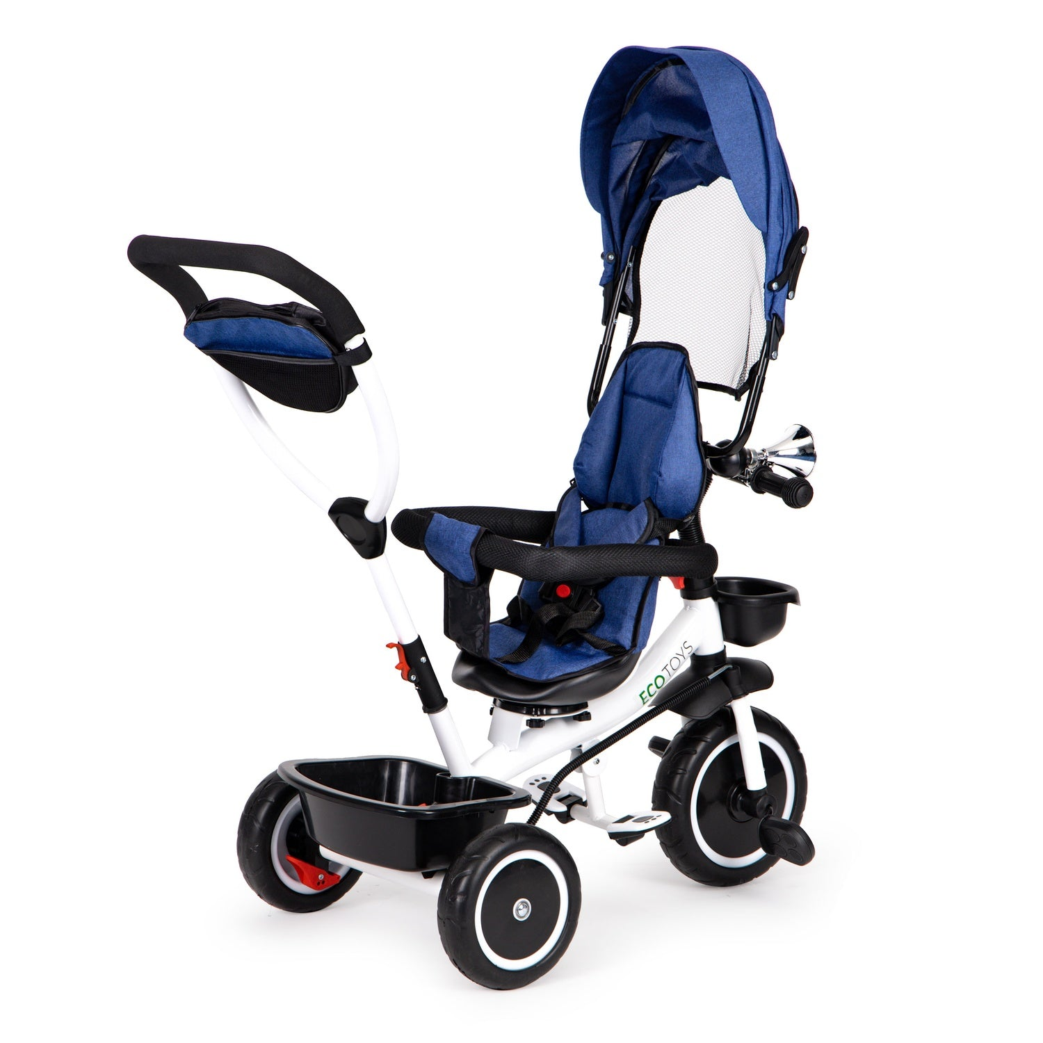 Un triciclo azul y blanco con capota, cesta y manija para padres. El triciclo tiene tres ruedas y un asiento con cinturón.