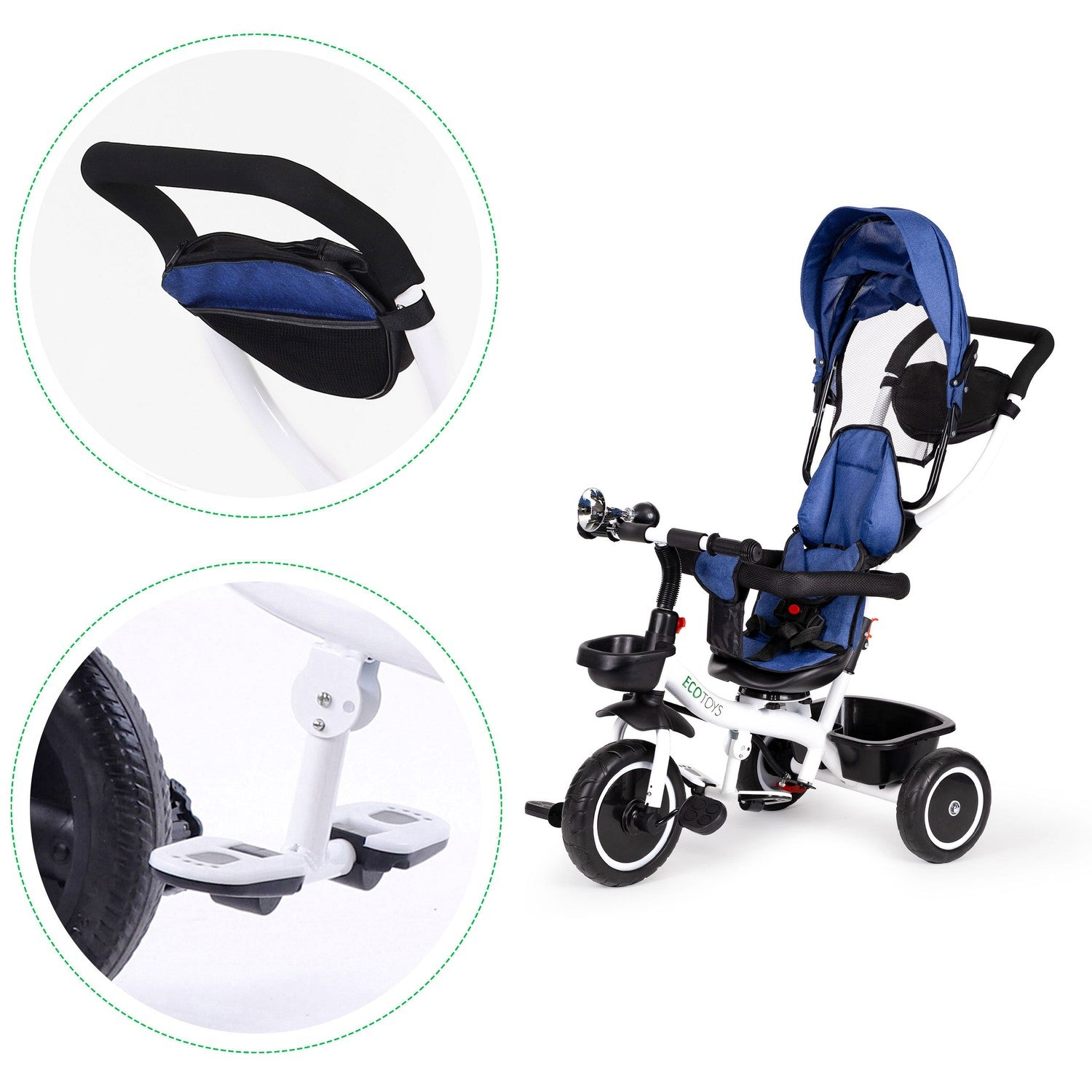 Un triciclo ECOTOYS azul y blanco. Tiene capota, asiento con arnés y cesta. Las ruedas son negras.