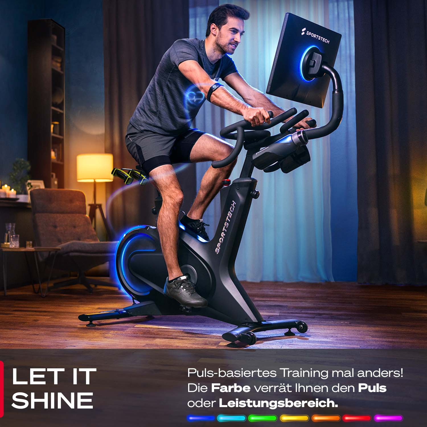 Ein Mann trainiert auf einem Heimtrainer. Der Bildschirm zeigt Informationen an. Das Fahrrad hat blaue Lichter. Text: 'LET IT SHINE'.