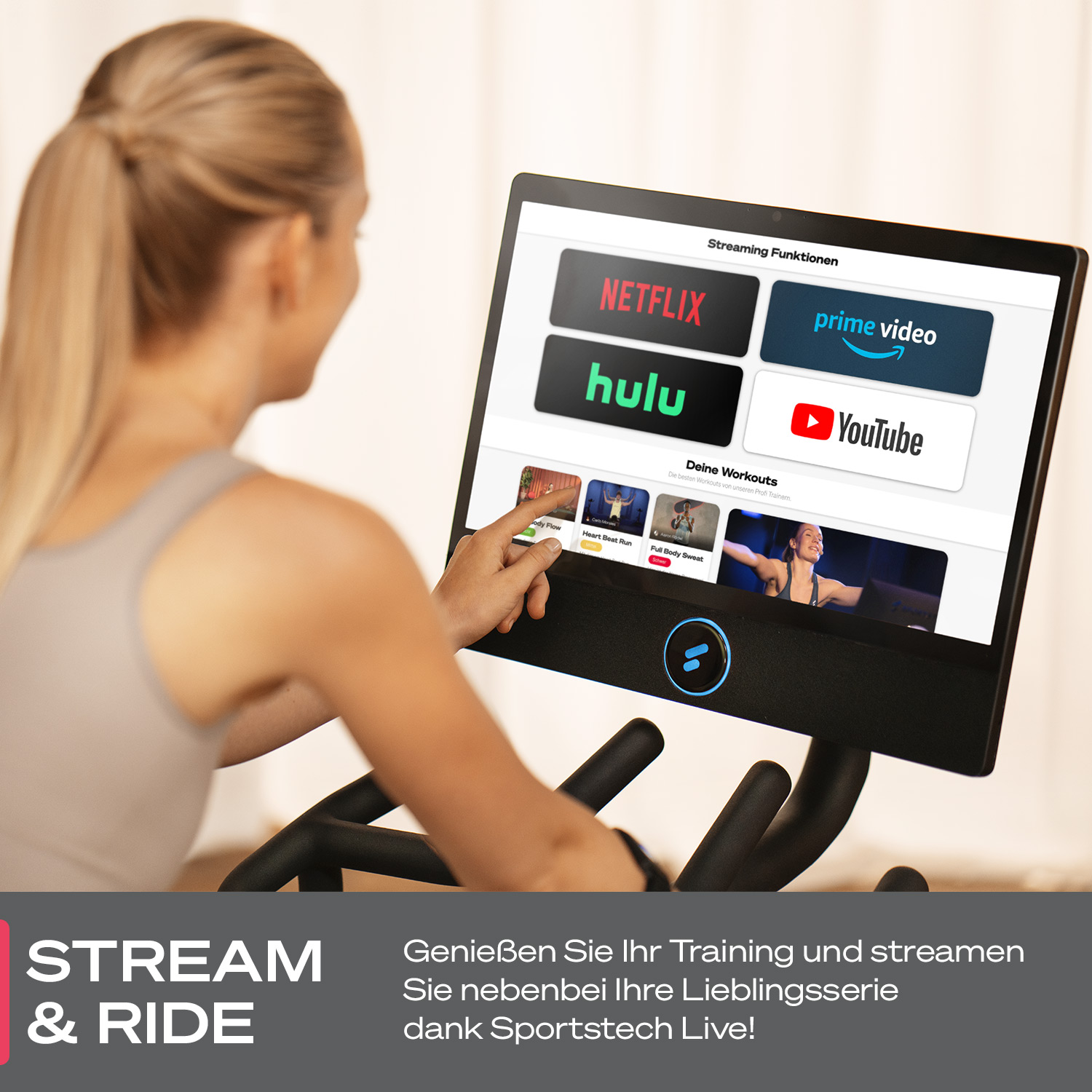 Frau auf einem Trainingsrad, berührt den Bildschirm mit Streaming-Diensten: Netflix, Prime Video, Hulu und YouTube.