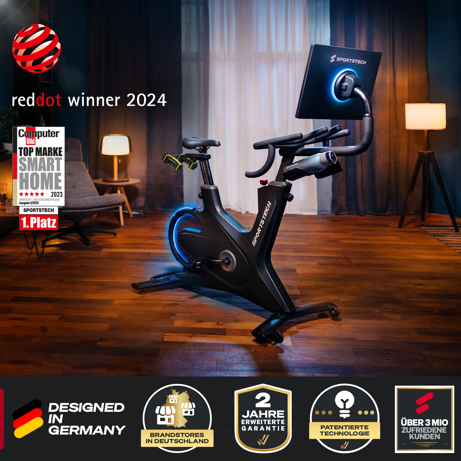 Schwarzes Trainingsrad mit Bildschirm, Red Dot Gewinner 2024. Ausgezeichnet als Top-Marke für Smart Home. Hergestellt in Deutschland.
