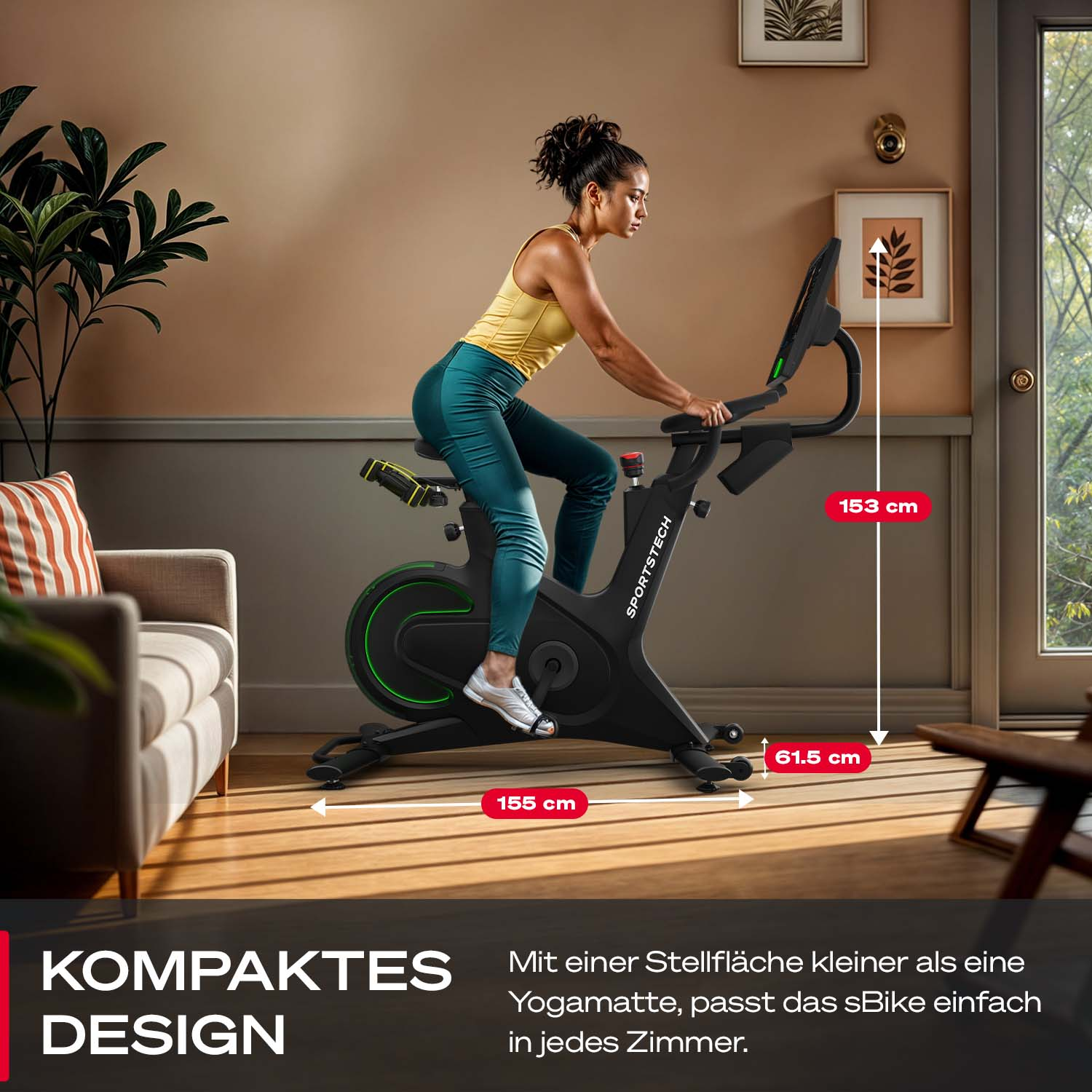 Eine Frau trainiert auf einem schwarzen Heimtrainer. Sie trägt ein gelbes Oberteil und türkisfarbene Leggings. Maße werden angezeigt. Der Raum ist dekoriert.