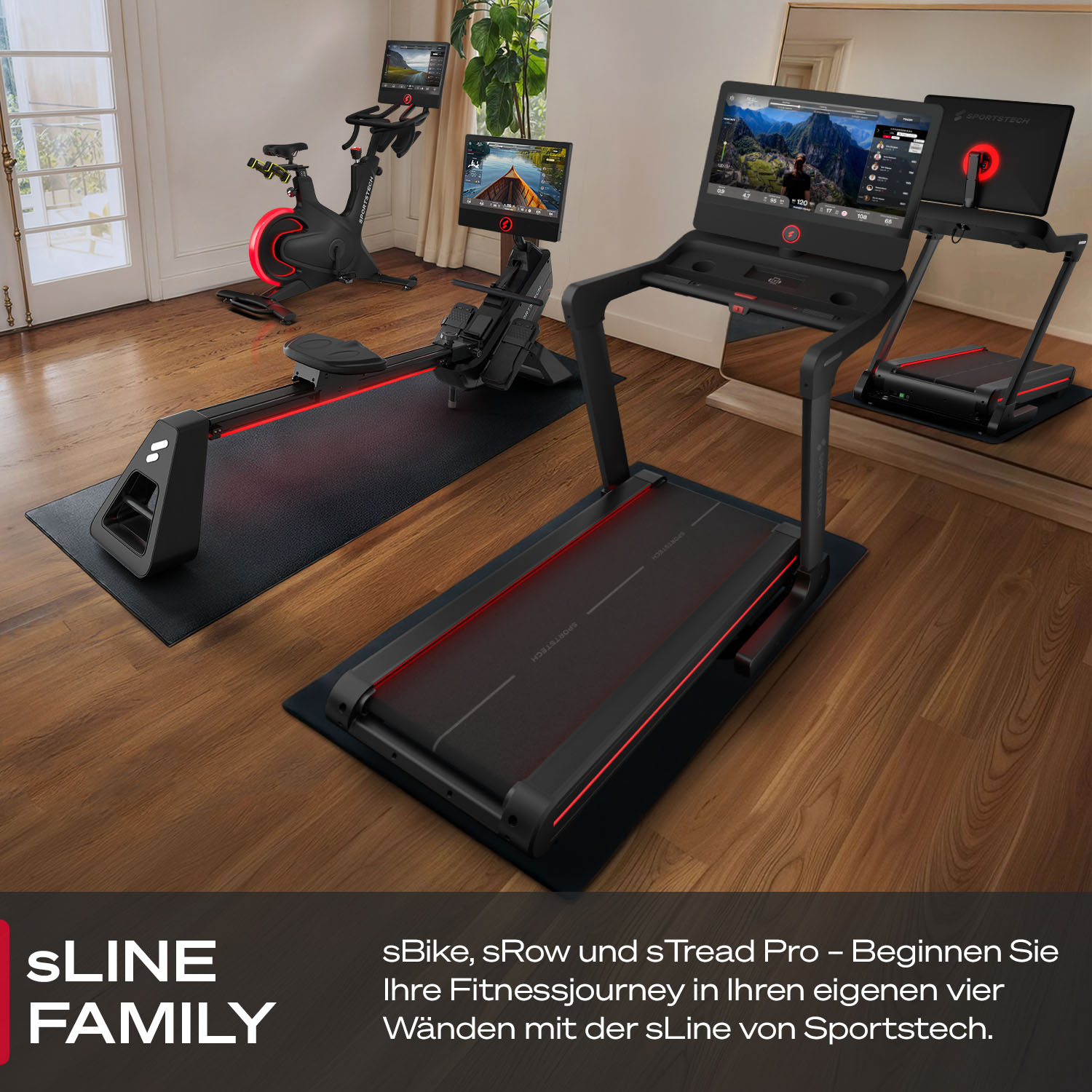 Indoor-Fitness-Setup mit Laufband, Heimtrainer und Rudergerät. Alle Geräte haben Bildschirme mit Trainingsdaten.