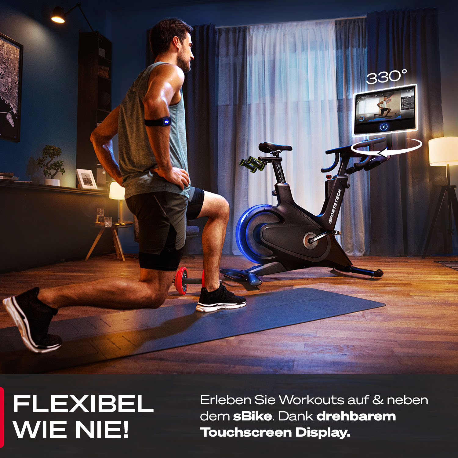 Mann trainiert mit Heimtrainer. Bildschirm zeigt Training. Text: Flexibel Wie Nie! (Flexibel wie nie!)