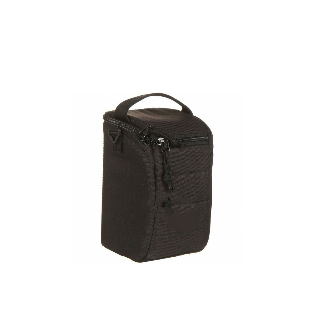 A black camera bag with a handle on a white background. It has a zipper and a small string attached to the zipper.