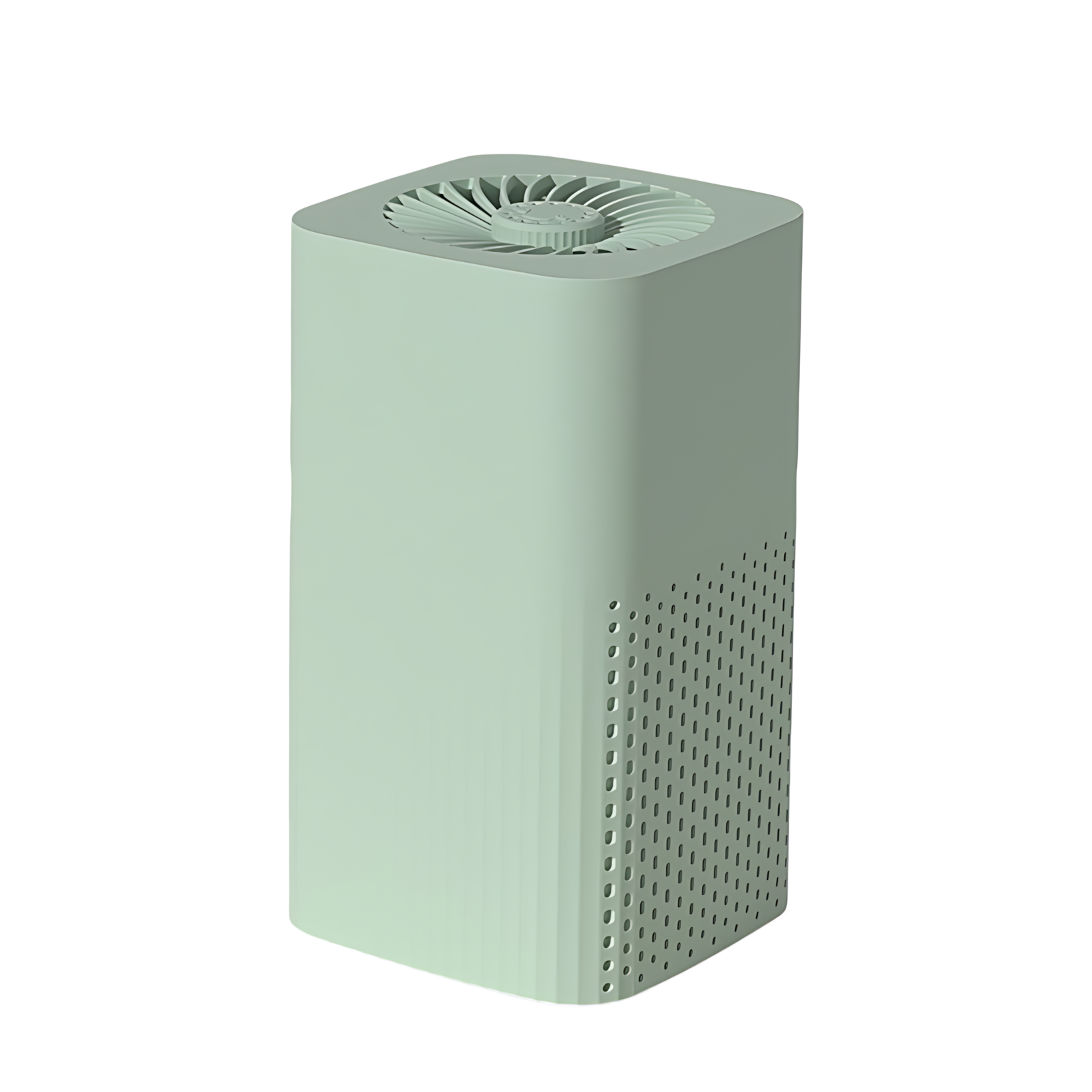 Ein Luftreiniger in hellgrüner Farbe. Er hat eine rechteckige Form mit einem Ventilator oben und Löchern an der Seite.