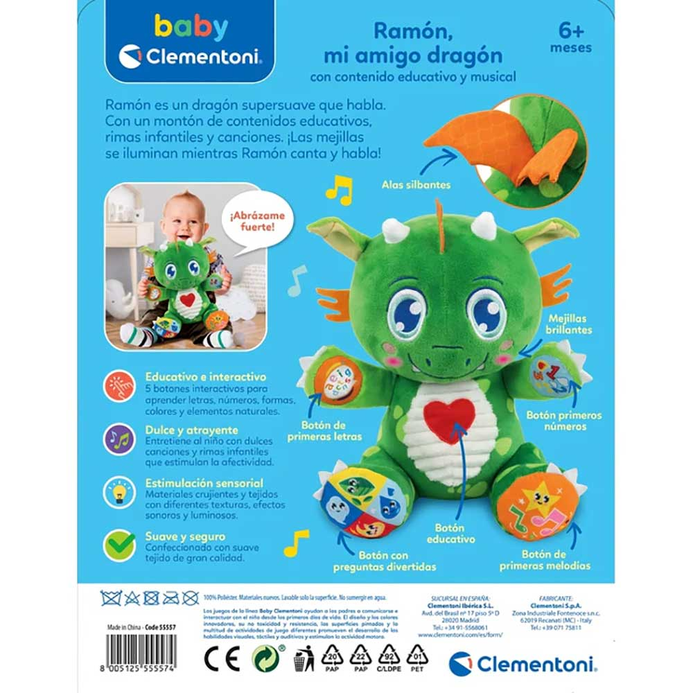 Juguete de dragón verde con botones y un corazón. Texto en español describe características y marca.