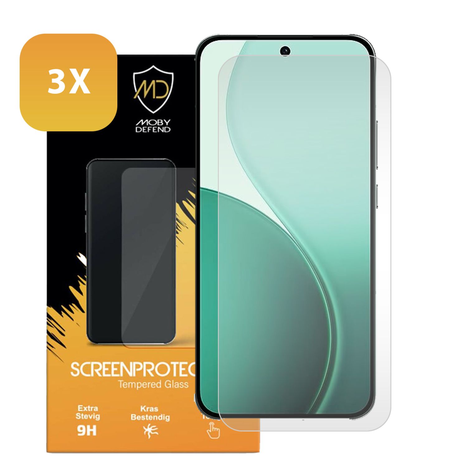 Smartphone screenprotector kit, inclusief drie protectors, in een doos. De telefoon wordt weergegeven met een protector erop.