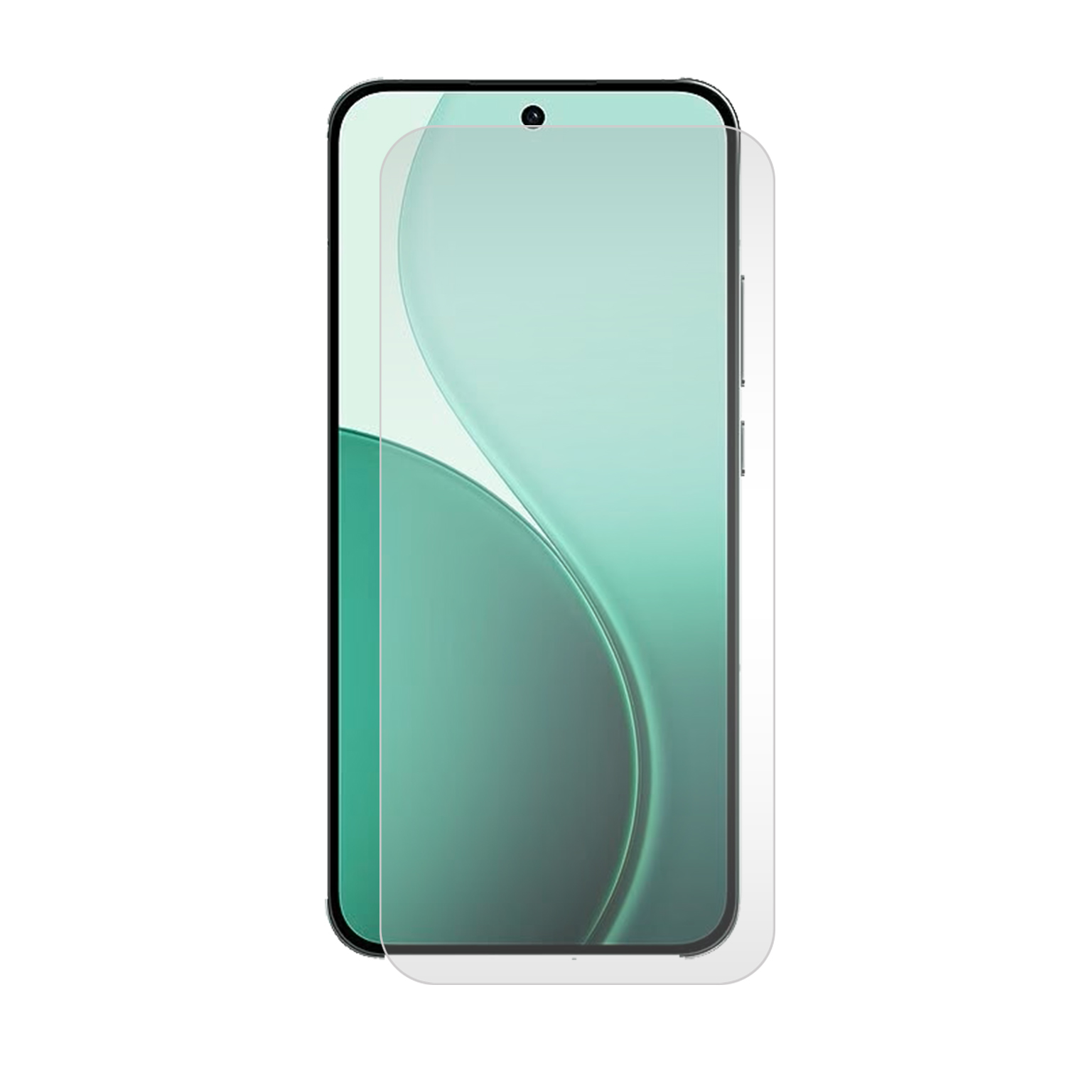 Een smartphone met een schermbeschermer erop. Het scherm toont een vage groen-witte gradiënt. De telefoon is zwart met een gebogen scherm.