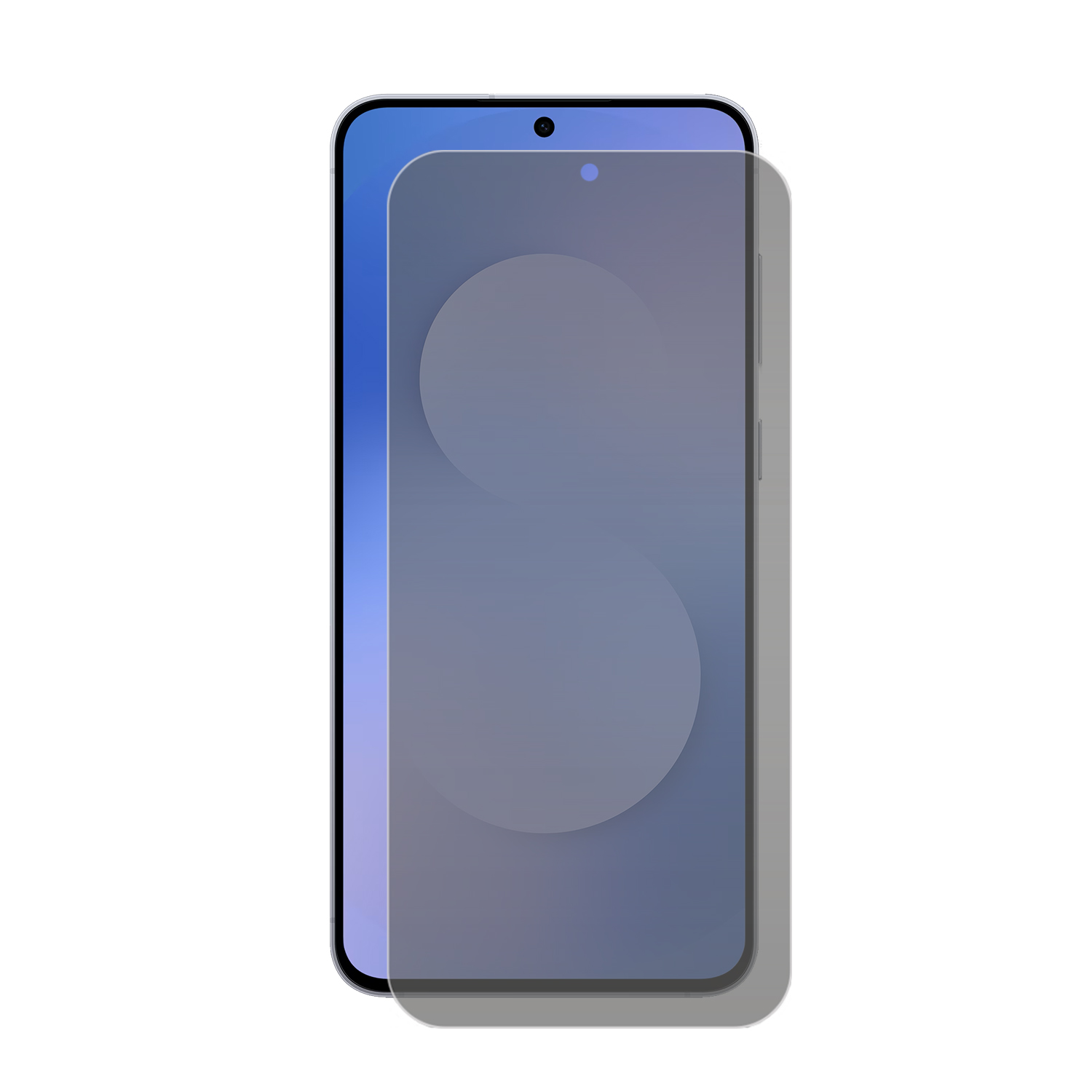 Un smartphone avec un protecteur d'écran appliqué. Le téléphone est argenté, l'écran bleu-violet et le protecteur gris. Fond blanc.