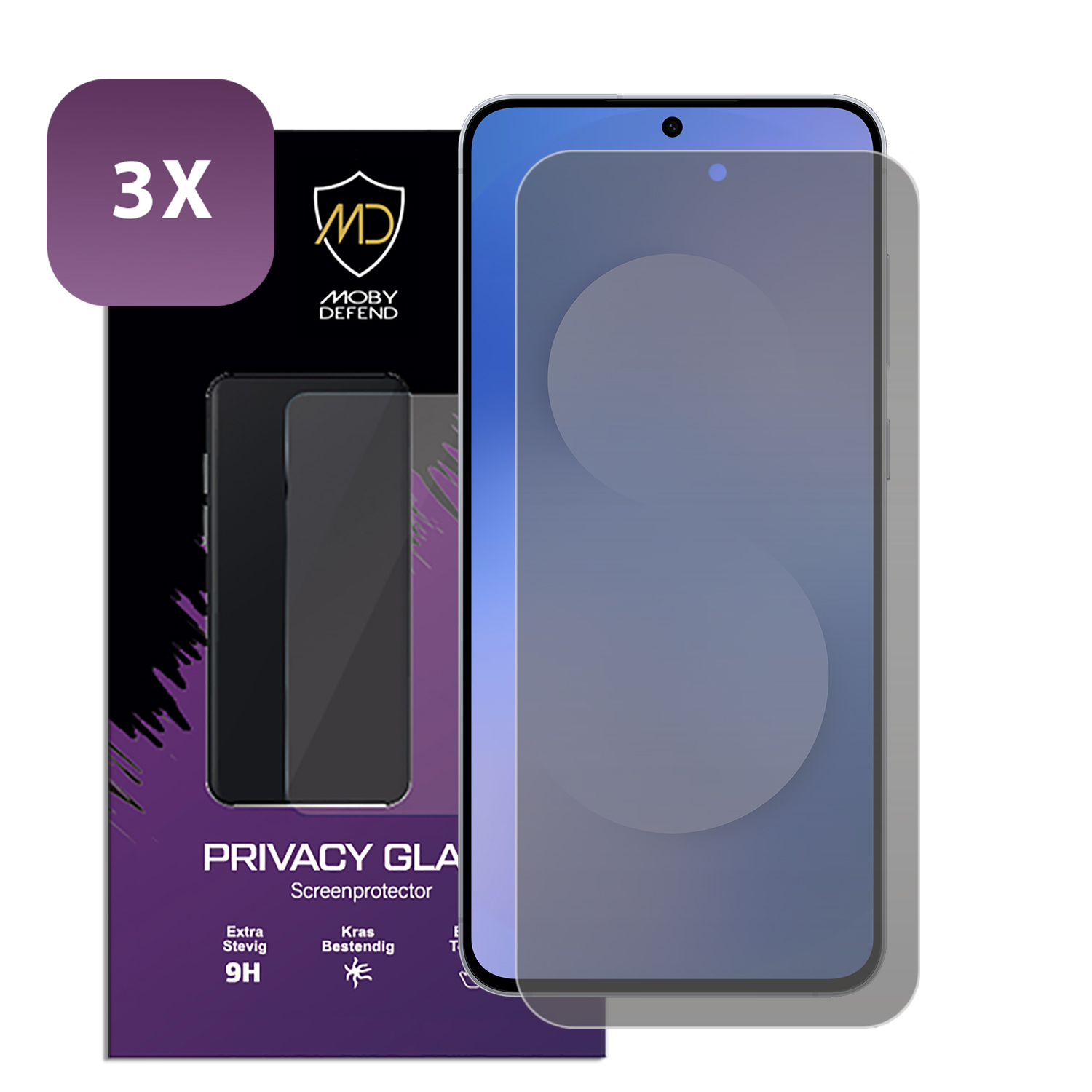 Protecteur d'écran en verre de confidentialité pour smartphone. L'emballage est violet et noir, avec un logo et le chiffre 3X.