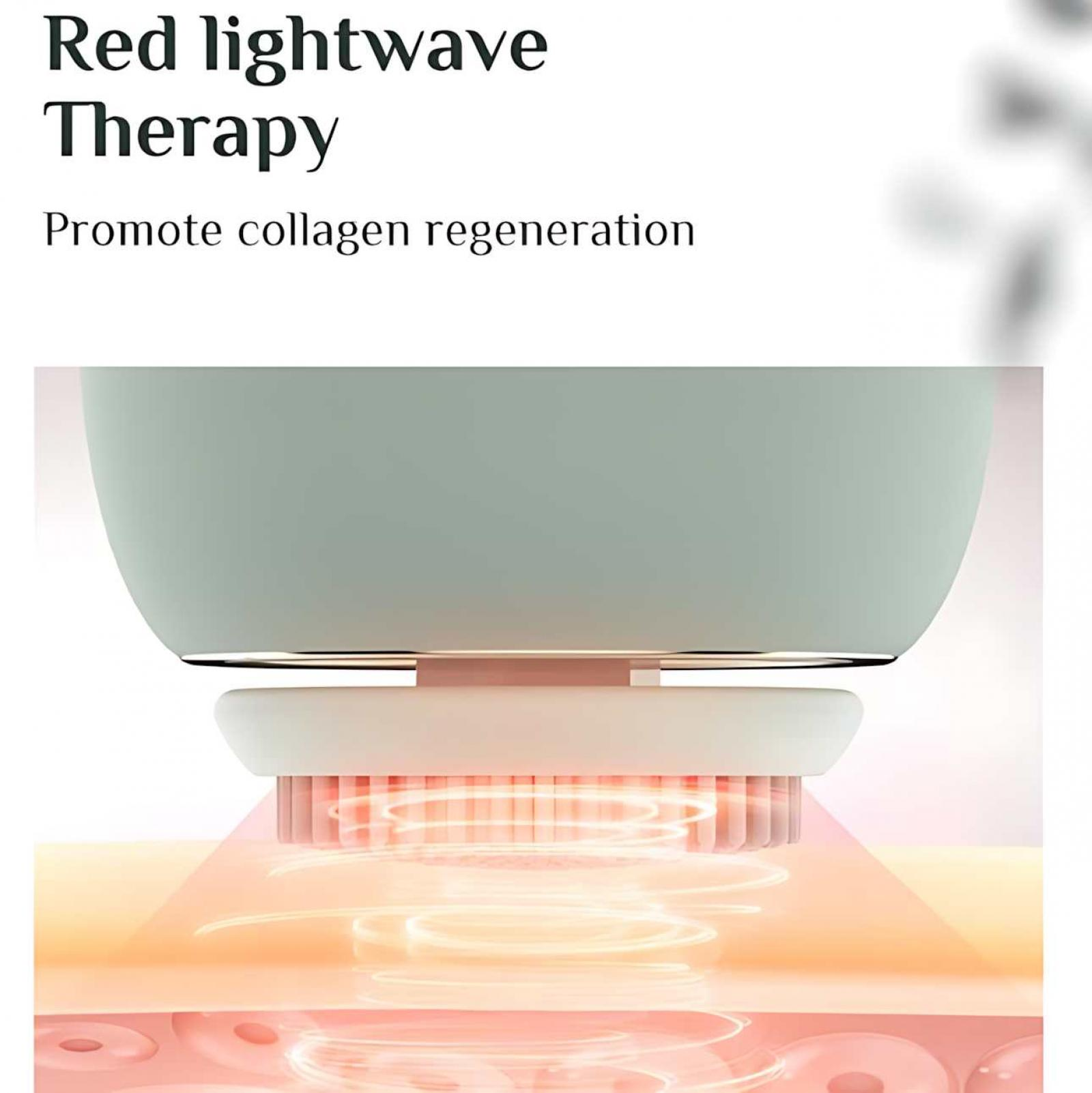 Ein hellblaues Gerät, das rotes Licht auf die Haut emittiert und die Kollagenregeneration fördert.