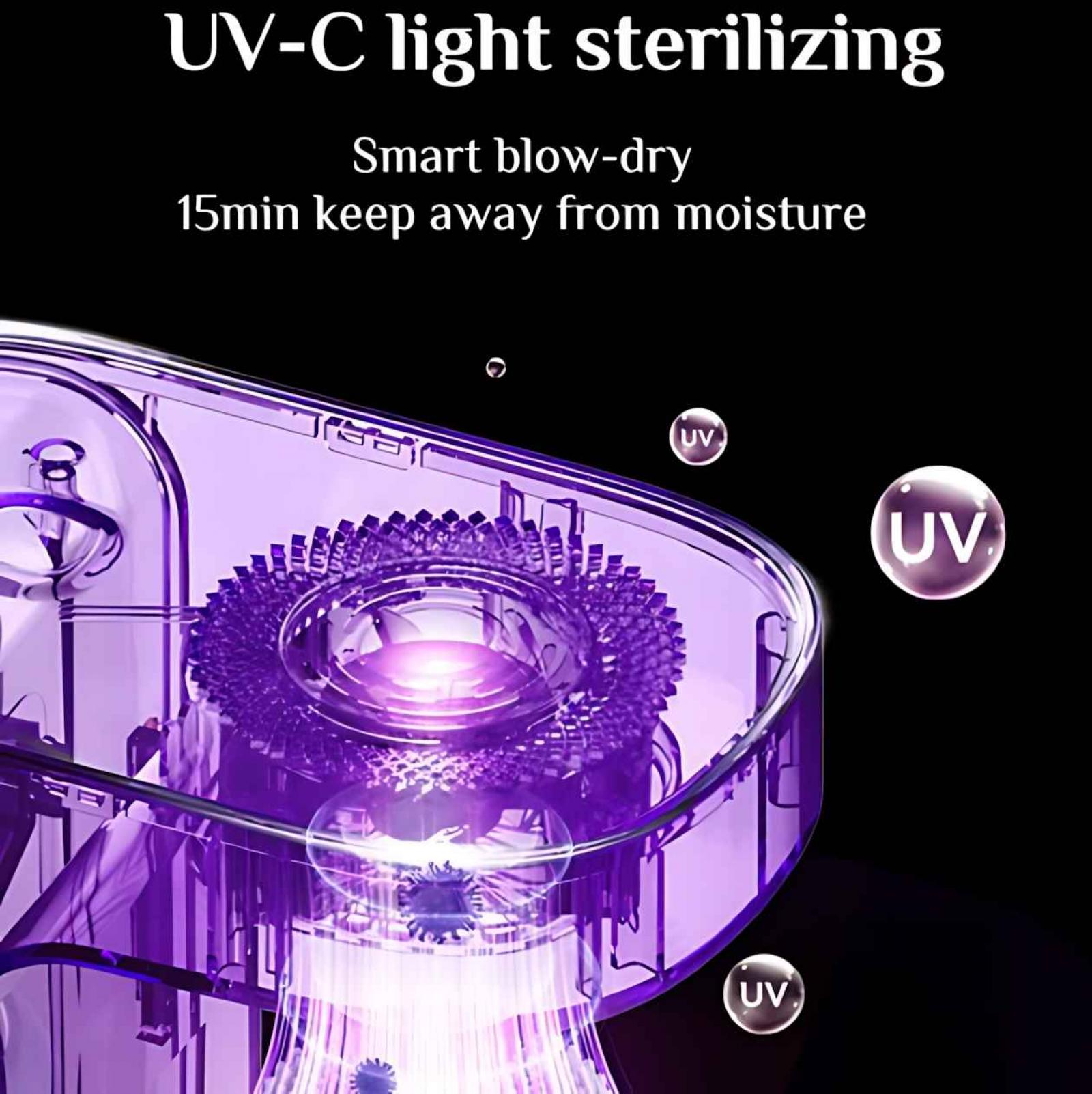 Ein violettes UV-C-Licht-Sterilisationsgerät. Es hat einen transparenten Behälter mit einem Ventilator und UV-Symbolen. Der Text lautet 'Smart blow-dry'.