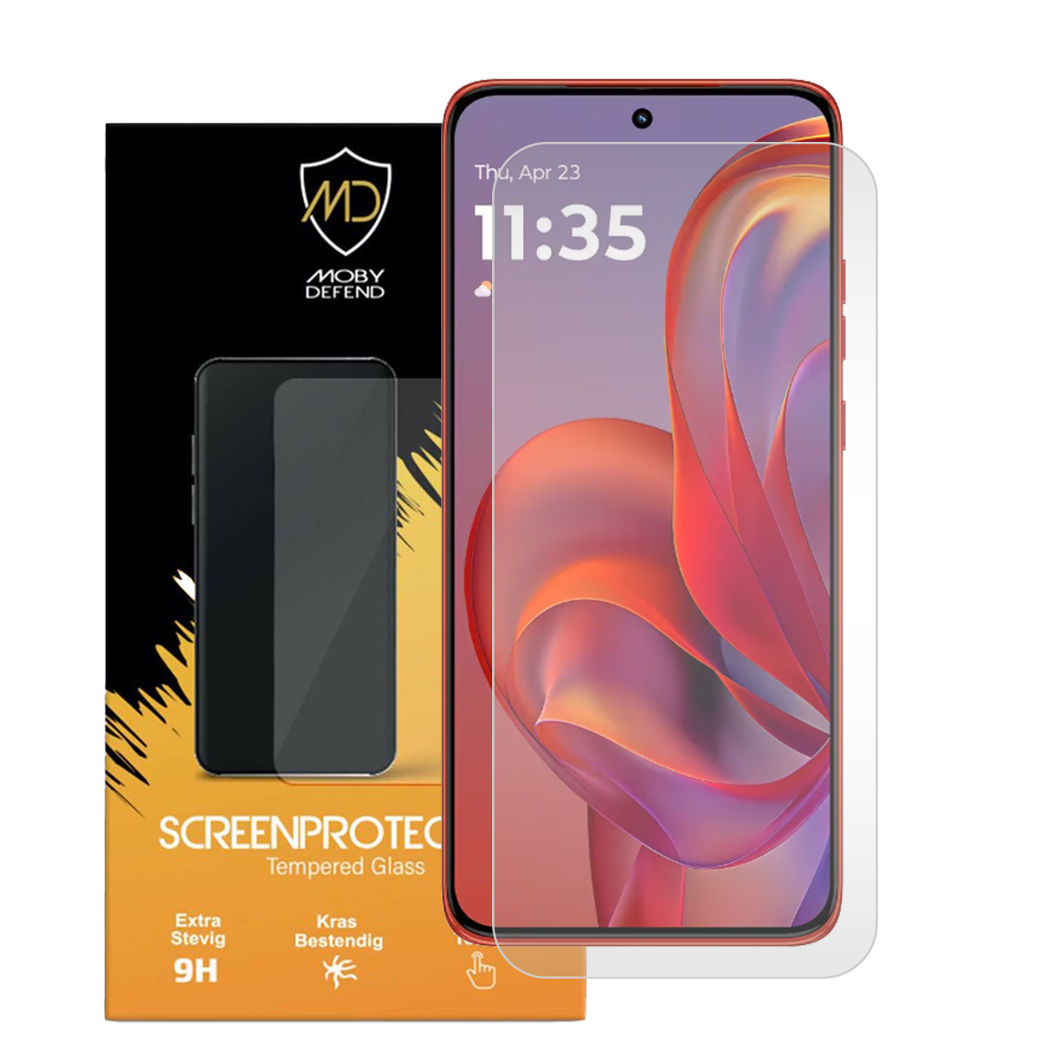 Un téléphone avec protecteur d'écran. Le téléphone affiche l'heure. À côté, l'emballage du protecteur d'écran avec le nom de la marque.