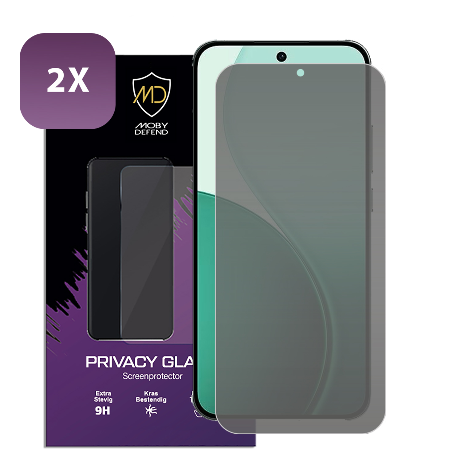 Twee privacy glazen schermbeschermers voor een telefoon. De doos toont productinfo en het Moby Defend logo.