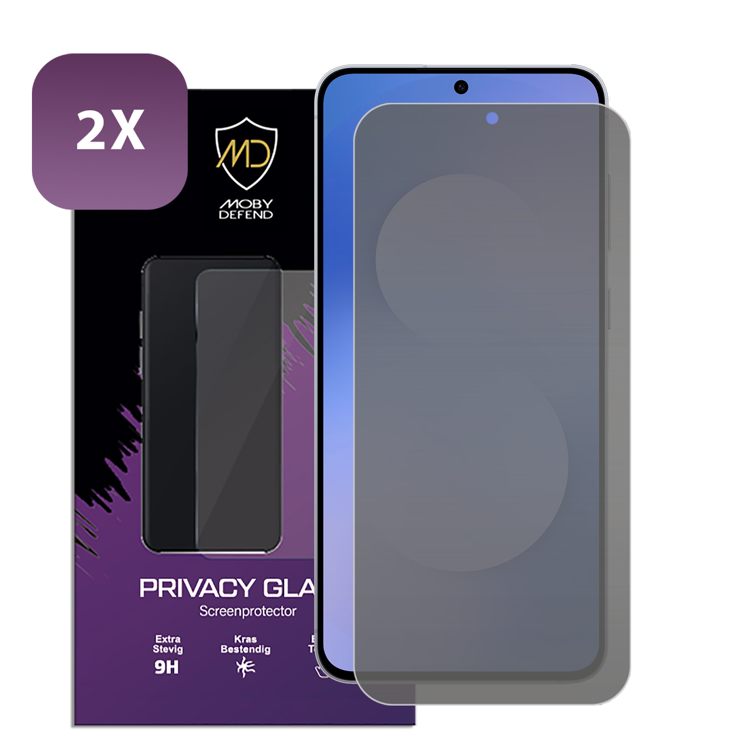 Twee telefoonschermbeschermers, één aangebracht op een telefoon. Verpakking bevat 'Privacy Glass' en 'Moby Defend' logo.
