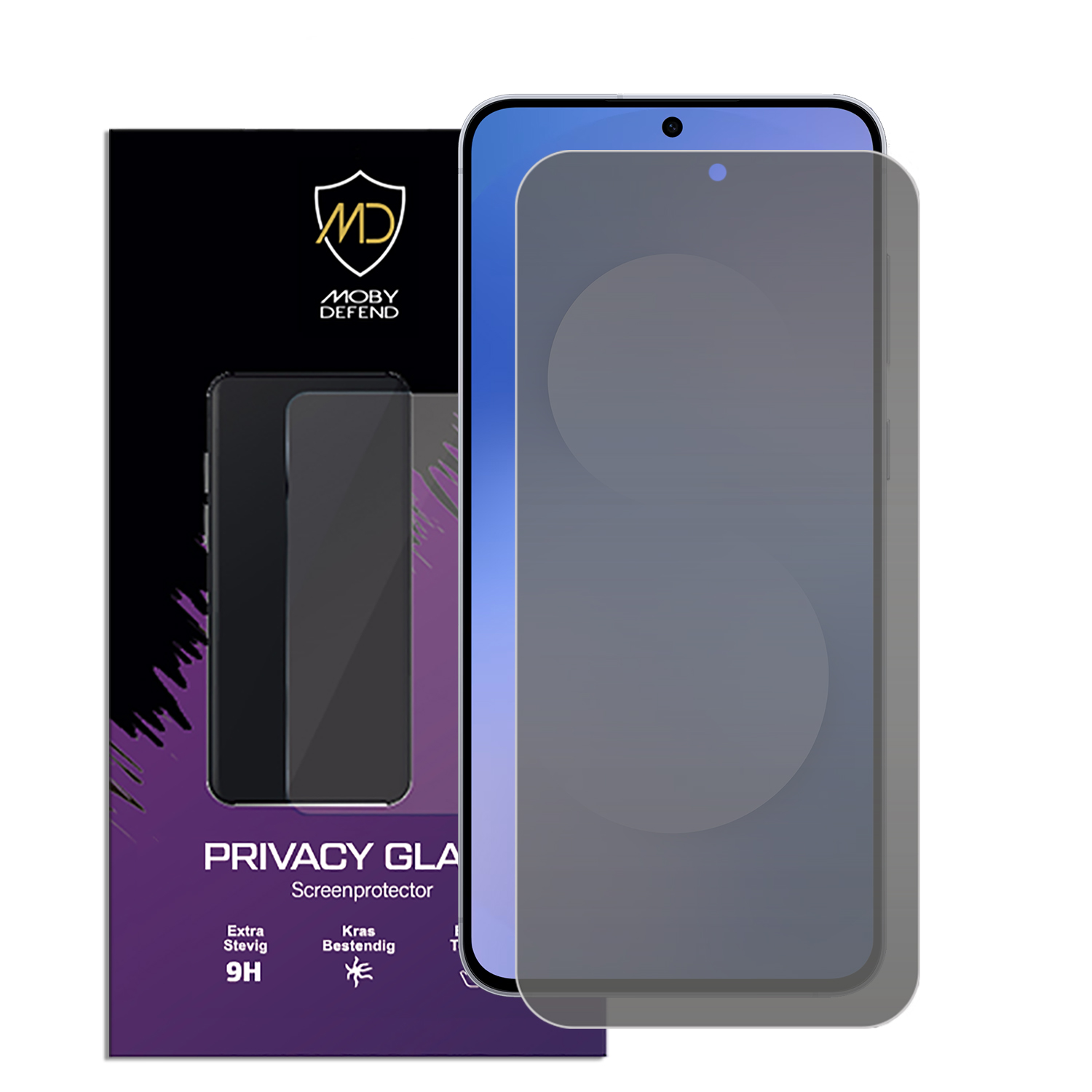 Een smartphone met een privacy screenprotector naast de doos, met het Moby Defend logo. De doos toont de productnaam en de functies.