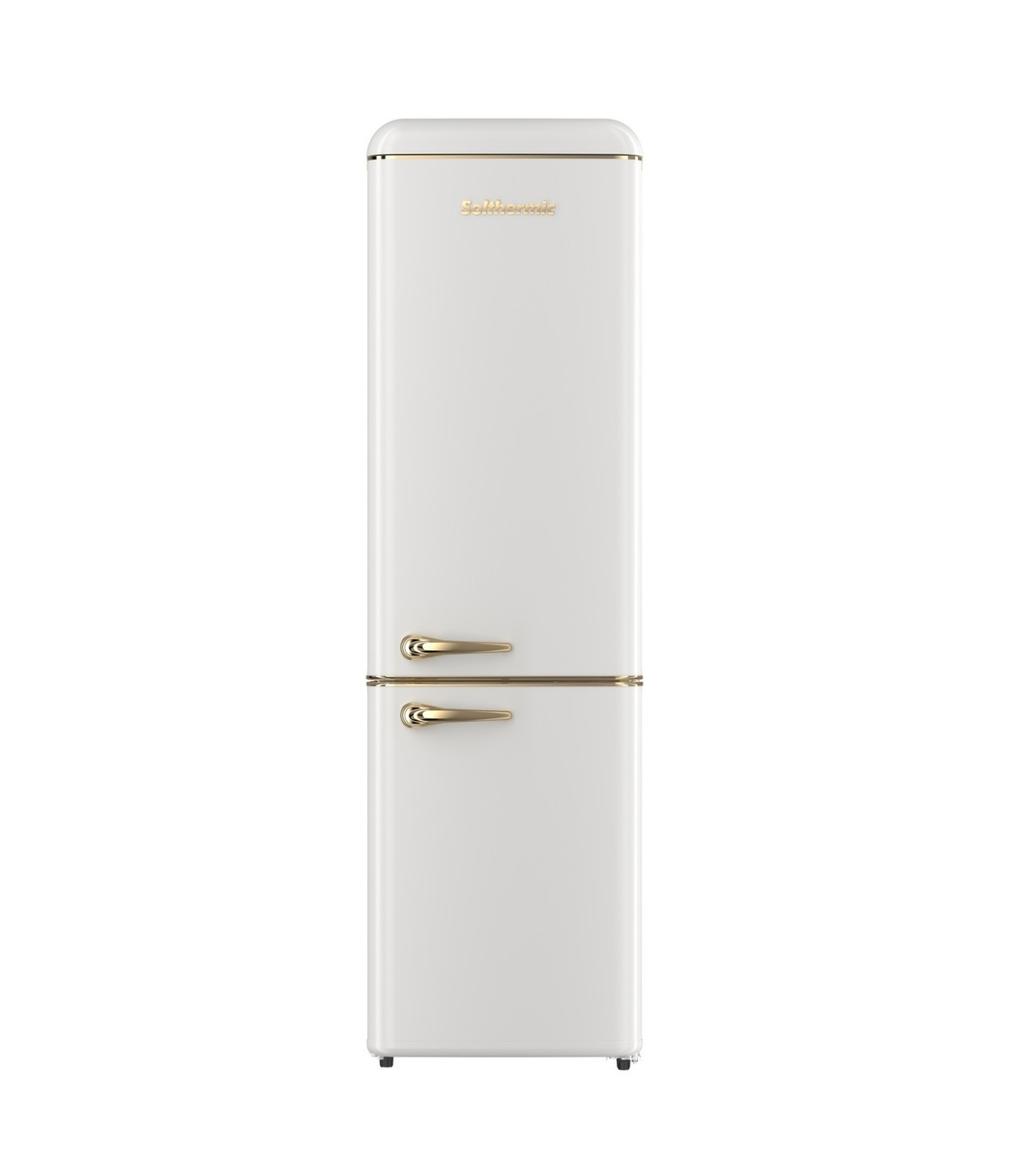 Un refrigerador retro blanco con manijas y adornos dorados. La marca 'Solthermic' está escrita en letras doradas.