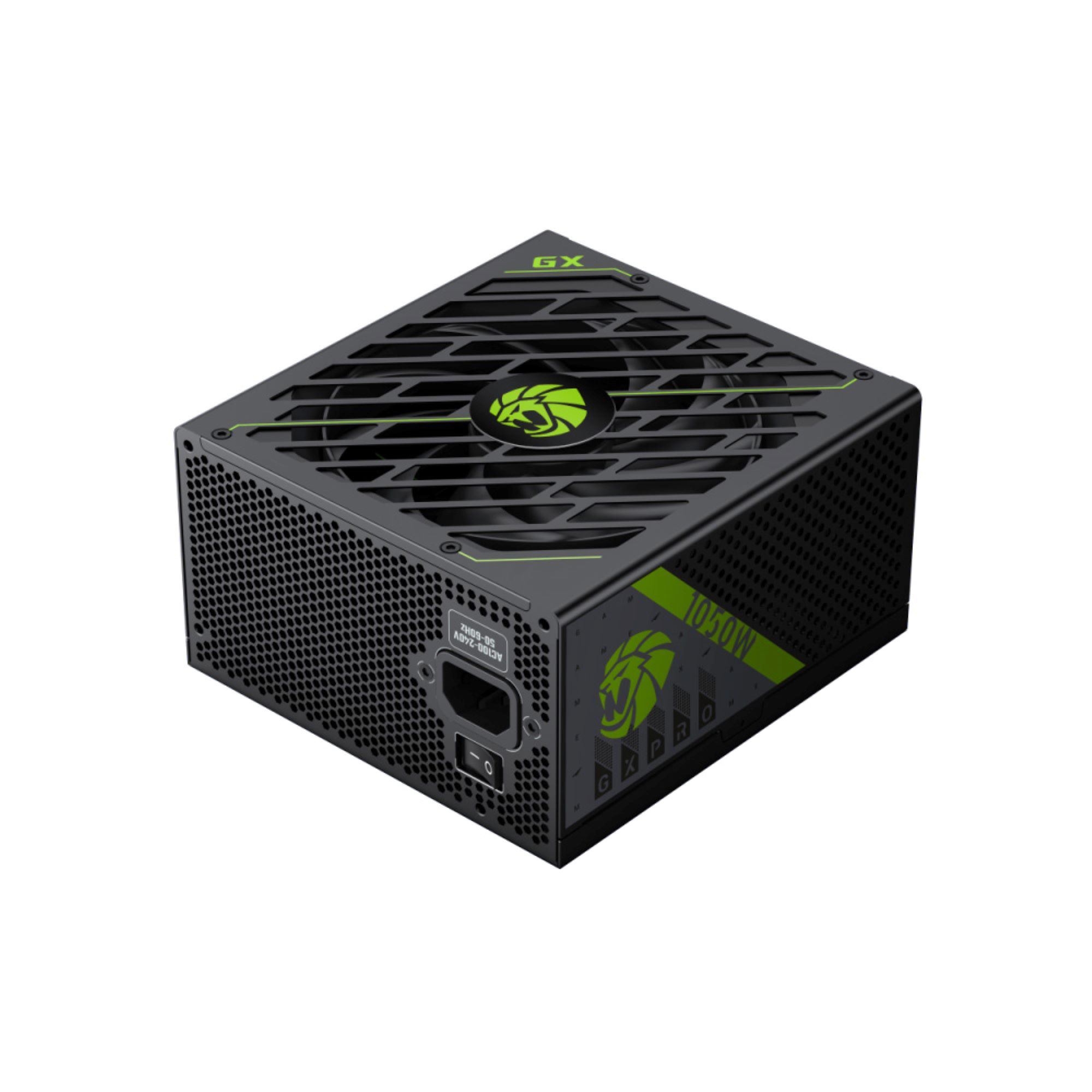 Ein schwarzes und grünes Computer-Netzteil. Es hat einen Lüfter und die Wörter 'GX' und '1050W' sind sichtbar.