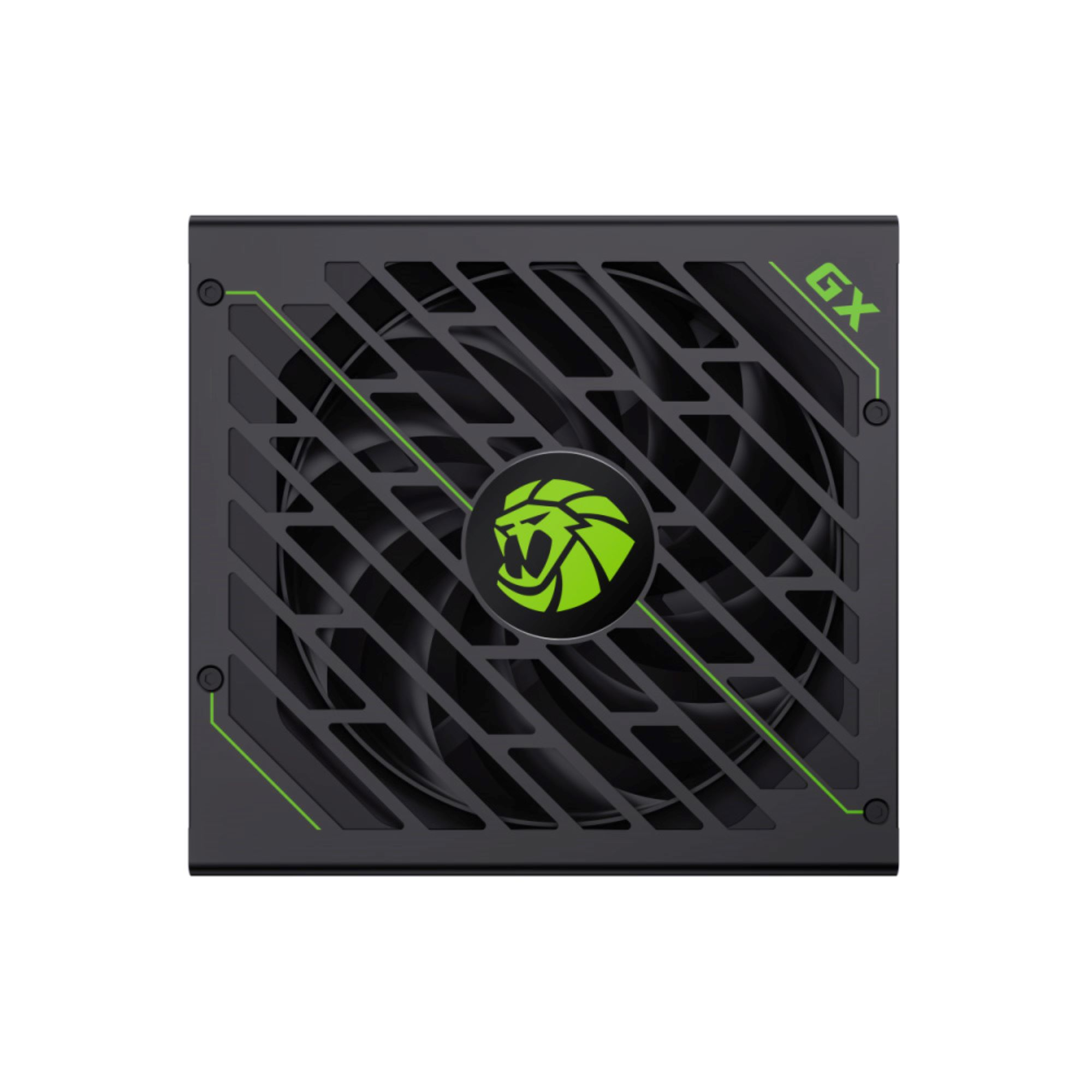 Ein schwarzes Computer-Netzteil mit Gitterdesign, grünen Akzenten und einem Löwenlogo.