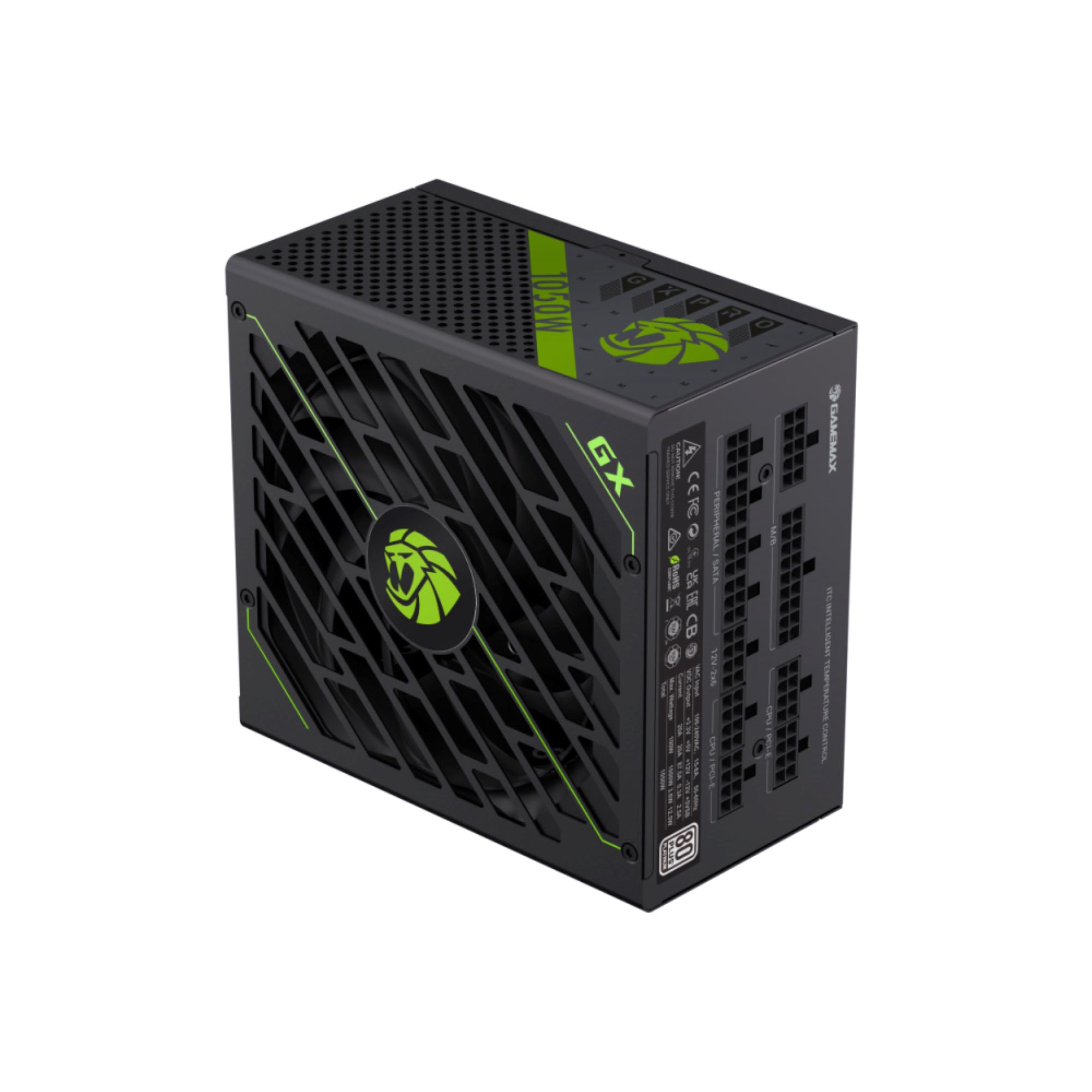 Ein schwarzes und grünes GameMax GX 1050W Netzteil. Mit Löwenlogo, Belüftung und verschiedenen Anschlüssen.
