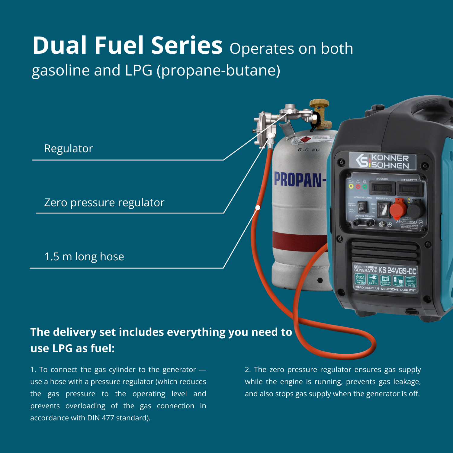 Un generador y un tanque de propano conectados por una manguera. El texto indica capacidades de combustible dual.